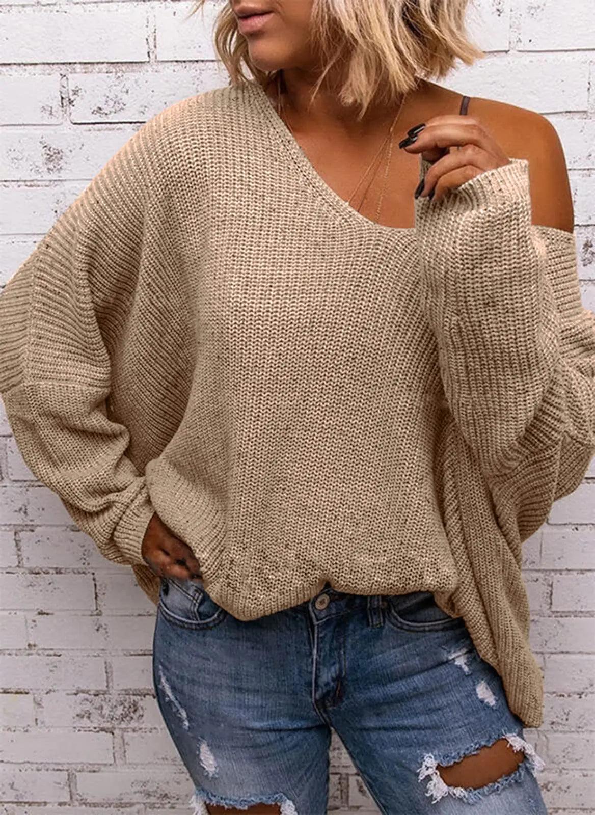 BZB Women's V Neck Long Sleeve Knit Loose Oversized Pullover Sweater Top Medium X-khaki - Evallys.com # #