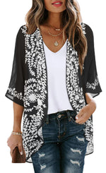 Women's Floral Print Puff Sleeve Kimono Cardigan Loose Cover Up Casual Blouse Tops Small Orange Black - Evallys.com