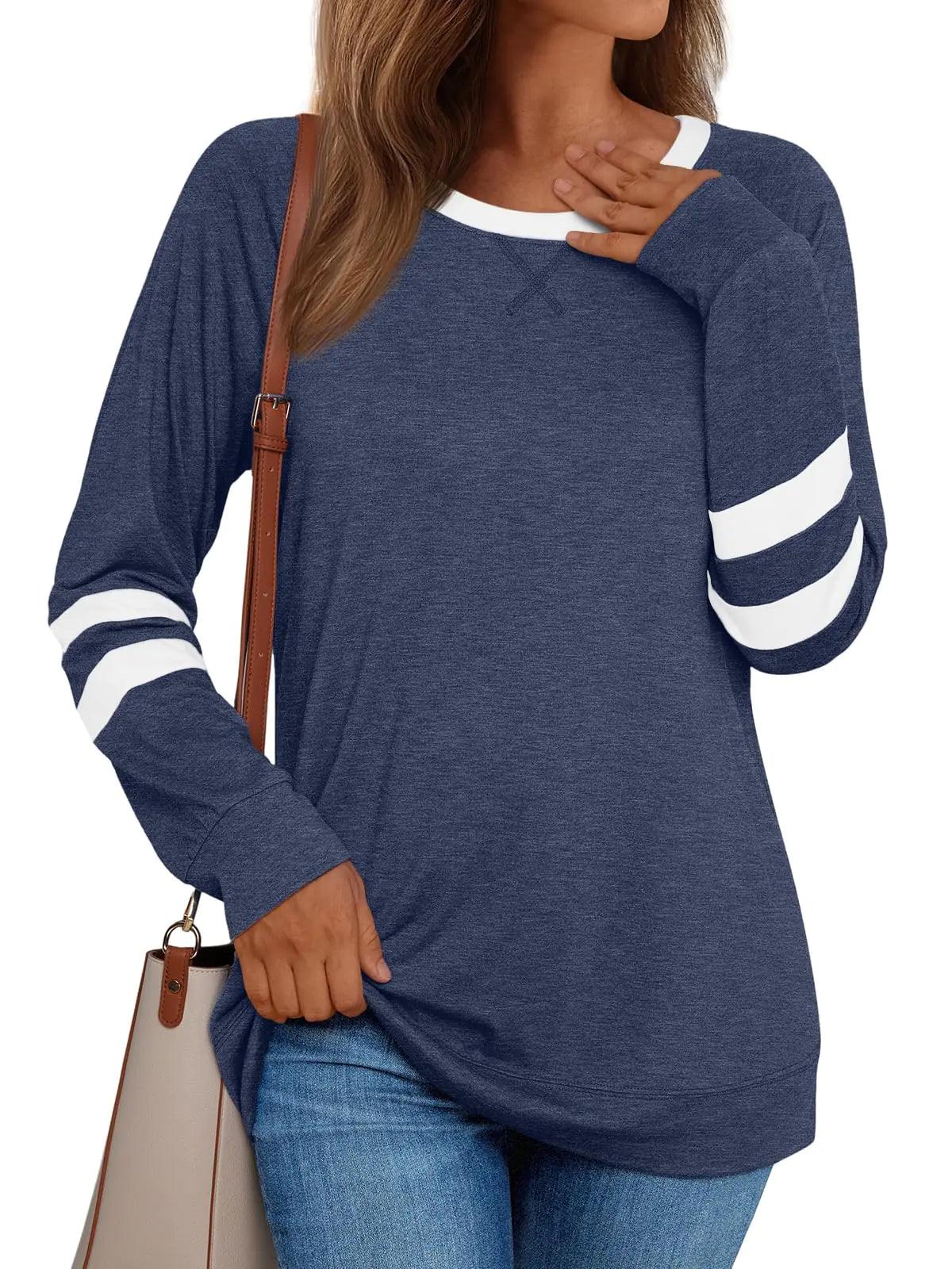 AUTOMET Womens Long Sleeve Shirts Color Block Casual Crewneck Tops Tshirt Basic Tees Fall Fashion Clothes Outfits 2024 Blue X-Large - Evallys.com # #