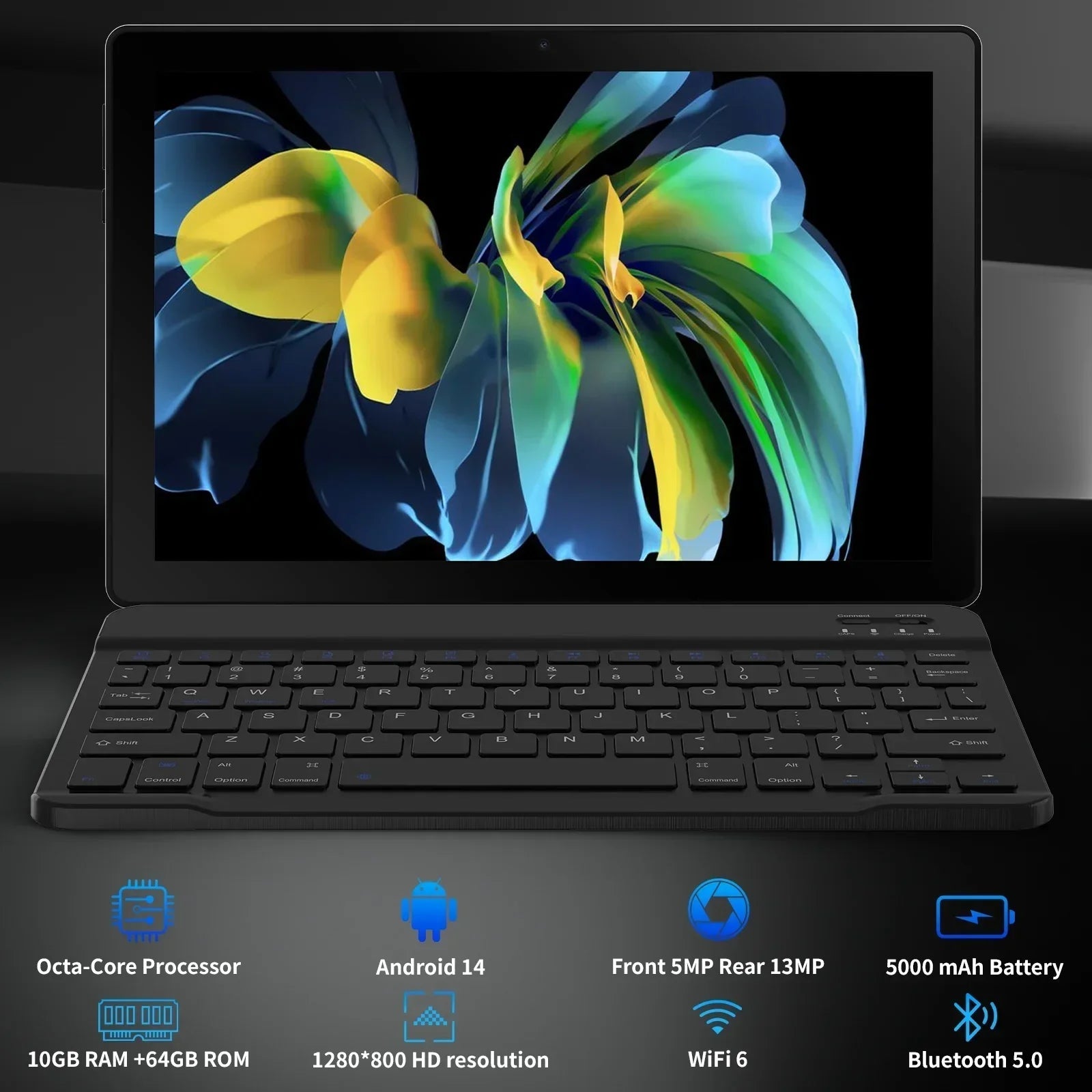 Android 14 10 inch Tablet, A523 Octa Core, 8GB RAM + 64GB ROM(TF 1TB), 5000mAh, Face Unlocked,Black+Keyboard & Mouse Set, Black - Evallys.com