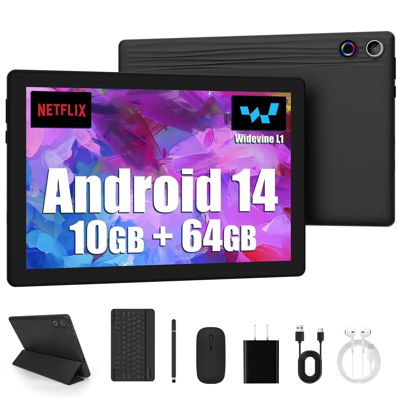 Android 14 10 inch Tablet, A523 Octa Core, 8GB RAM + 64GB ROM(TF 1TB), 5000mAh, Face Unlocked,Black+Keyboard & Mouse Set, Black - Evallys.com