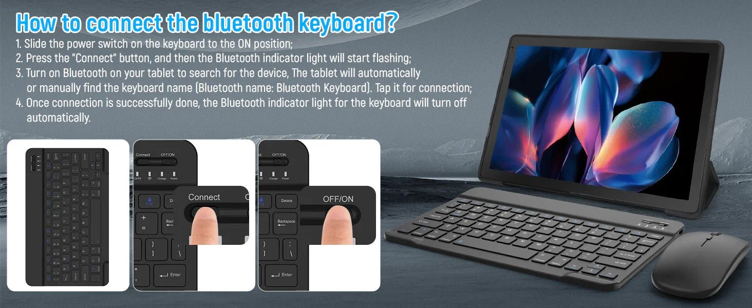 Android 14 10 inch Tablet, A523 Octa Core, 8GB RAM + 64GB ROM(TF 1TB), 5000mAh, Face Unlocked,Black+Keyboard & Mouse Set, Black - Evallys.com