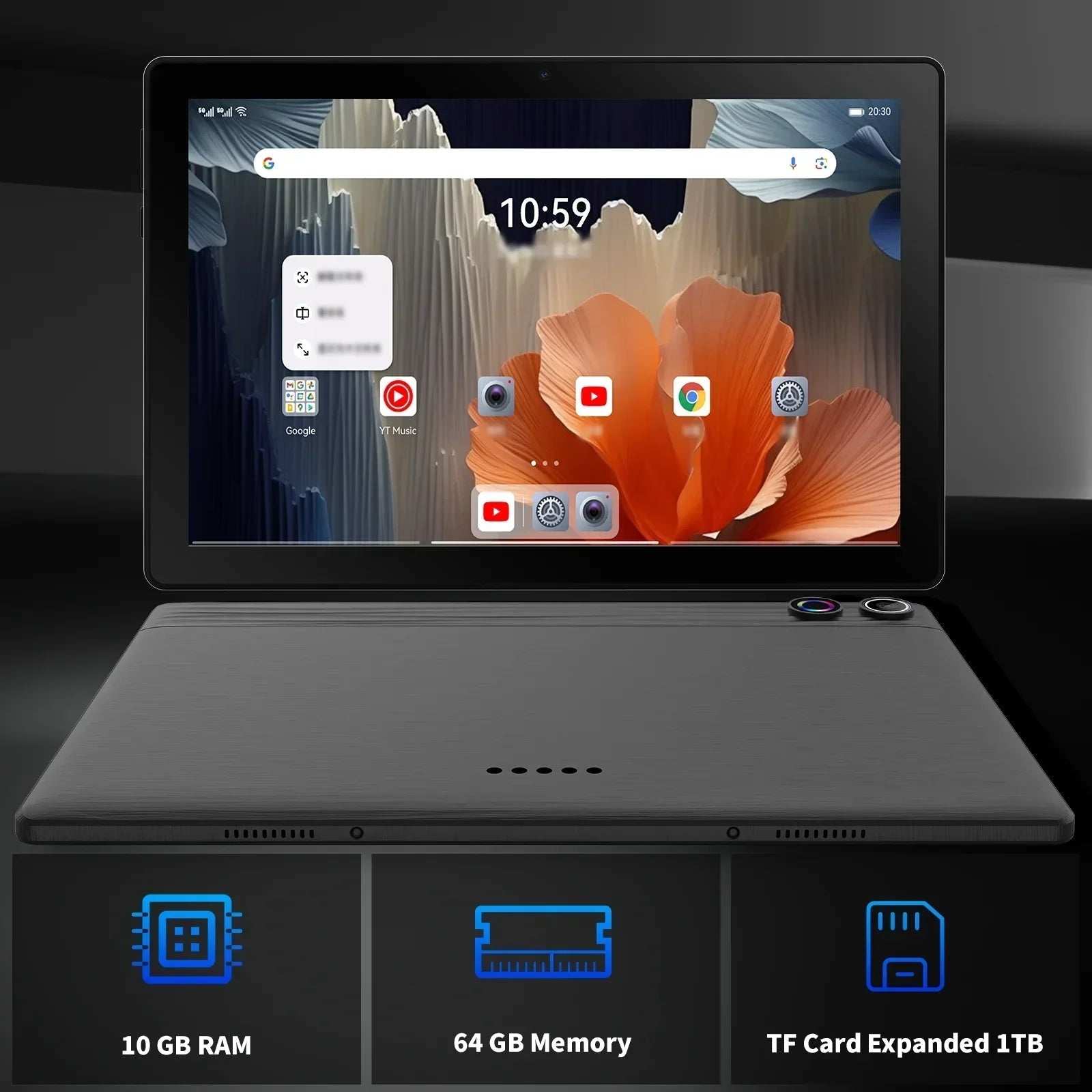 Android 14 10 inch Tablet, A523 Octa Core, 8GB RAM + 64GB ROM(TF 1TB), 5000mAh, Face Unlocked,Black+Keyboard & Mouse Set, Black - Evallys.com