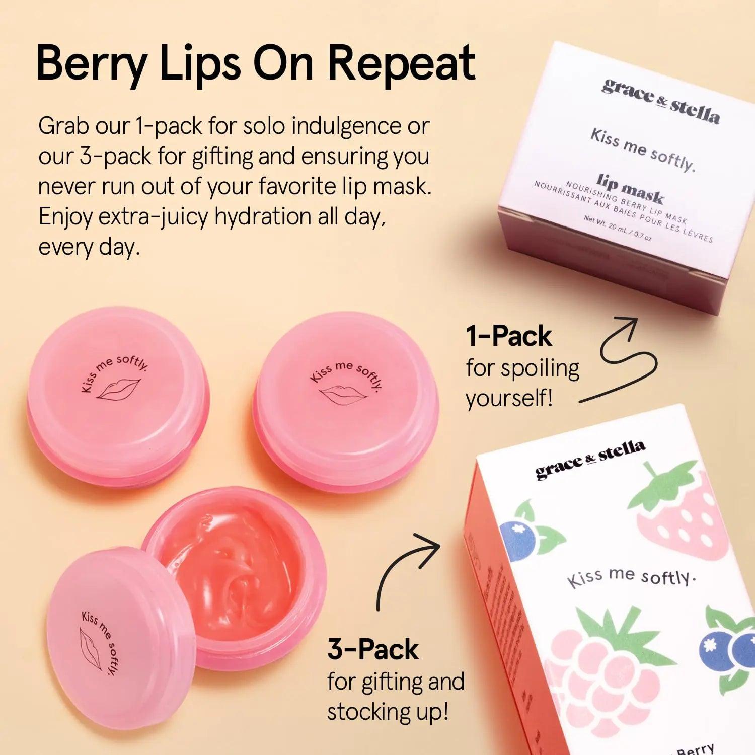 Grace & Stella Kiss Me Softly Nourishing Berry Lip Balm Hydrating - Lip Mask Overnight - Lip Moisturizer For Very Dry Lips - Overnight Lip Mask - Lip Sleeping Mask - Vegan (20ml, 3-Pack) Pack of 3 - Evallys.com # #