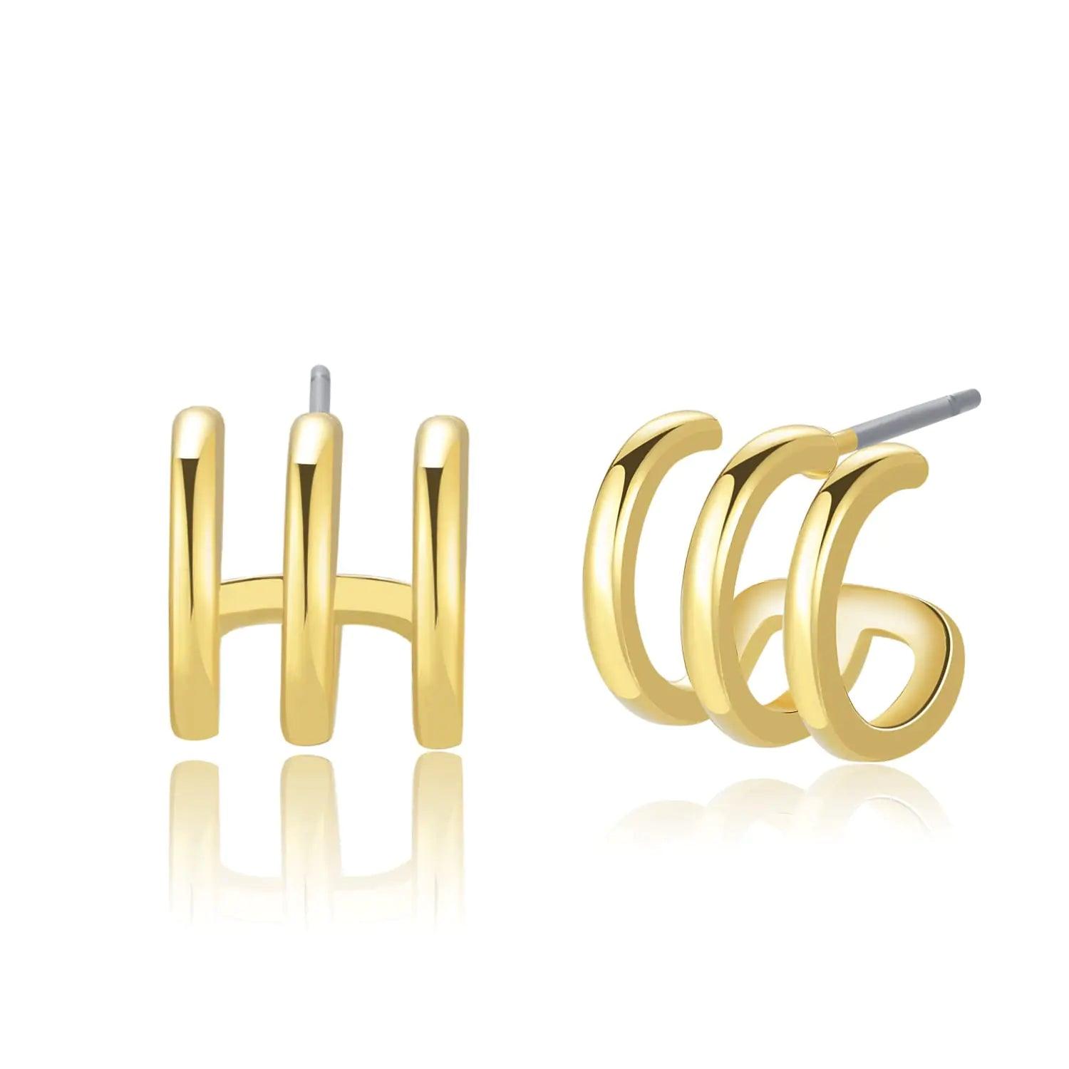 Obidos 14K Gold Plated Triple Huggie Illusion Stud Earrings | Double Huggie Hoop Earrings for One Hole | Gold Hoop Earrings for Women Triple Huggie Hoops - Evallys.com # #