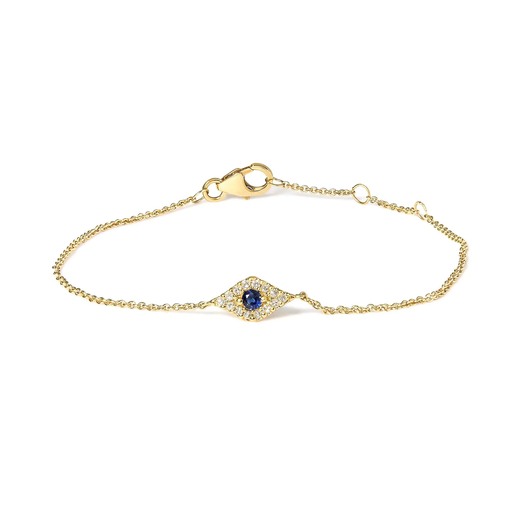 10K Yellow Gold Blue Sapphire and Diamond Accent Evil Eye Station Link Bracelet  (H-I Color, I1-I2 Clarity) - Size 7" - Evallys.com # #