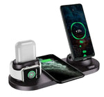 Wireless charger dock station for iPhone, AirPods, and Apple Watch, featuring fast charging technology.