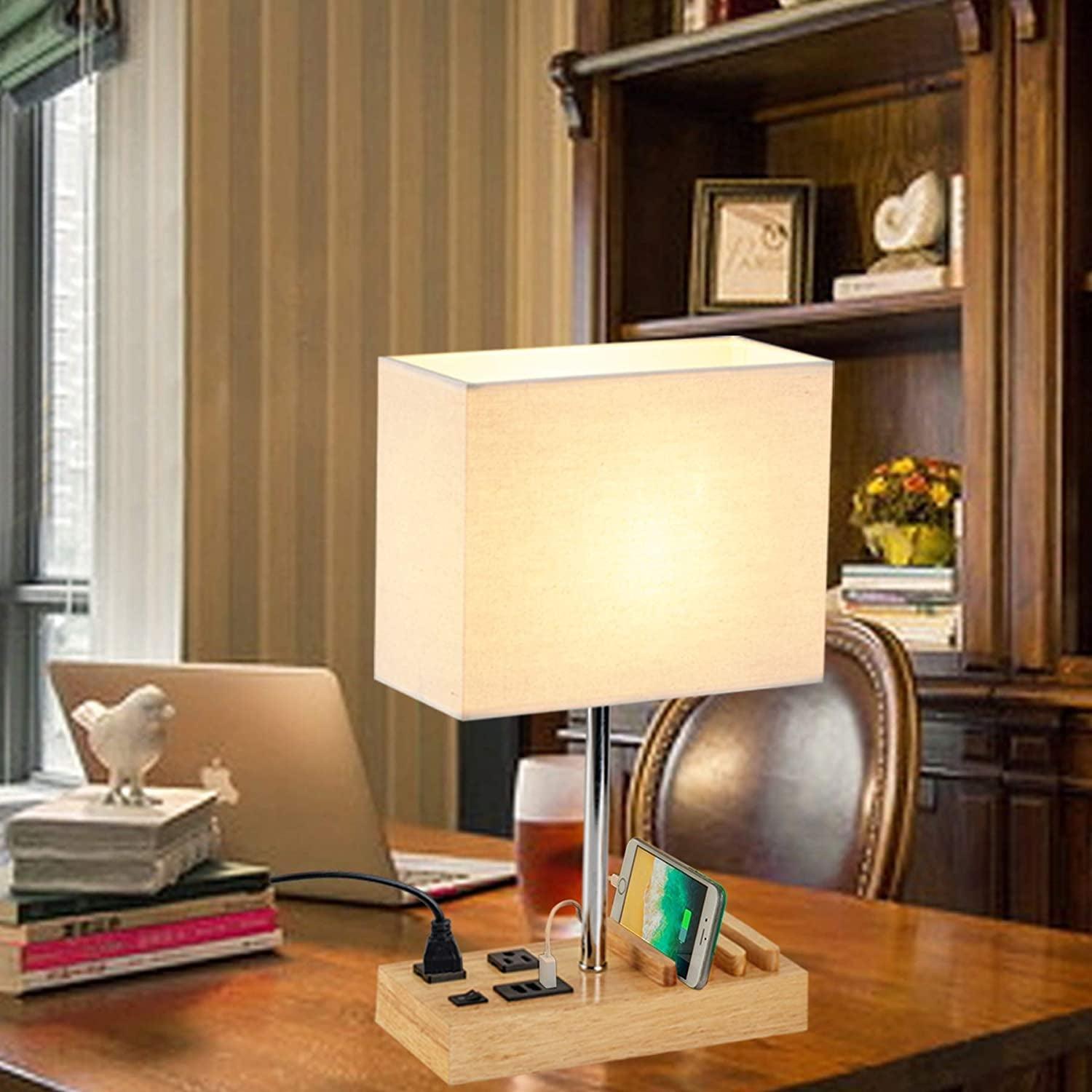 Dreamholder Desk Lamp with 3 USB Charging Ports, Table Lamp with 2AC Outlets and 3 Phone Stands, Nightstand Bedside Lamp with Natural Wooden Base and Cream Linen Shade - Evallys.com # #