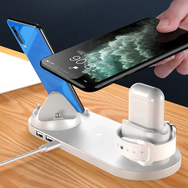 Wireless charger dock station for iPhone and accessories, showcasing fast charging with sleek design.