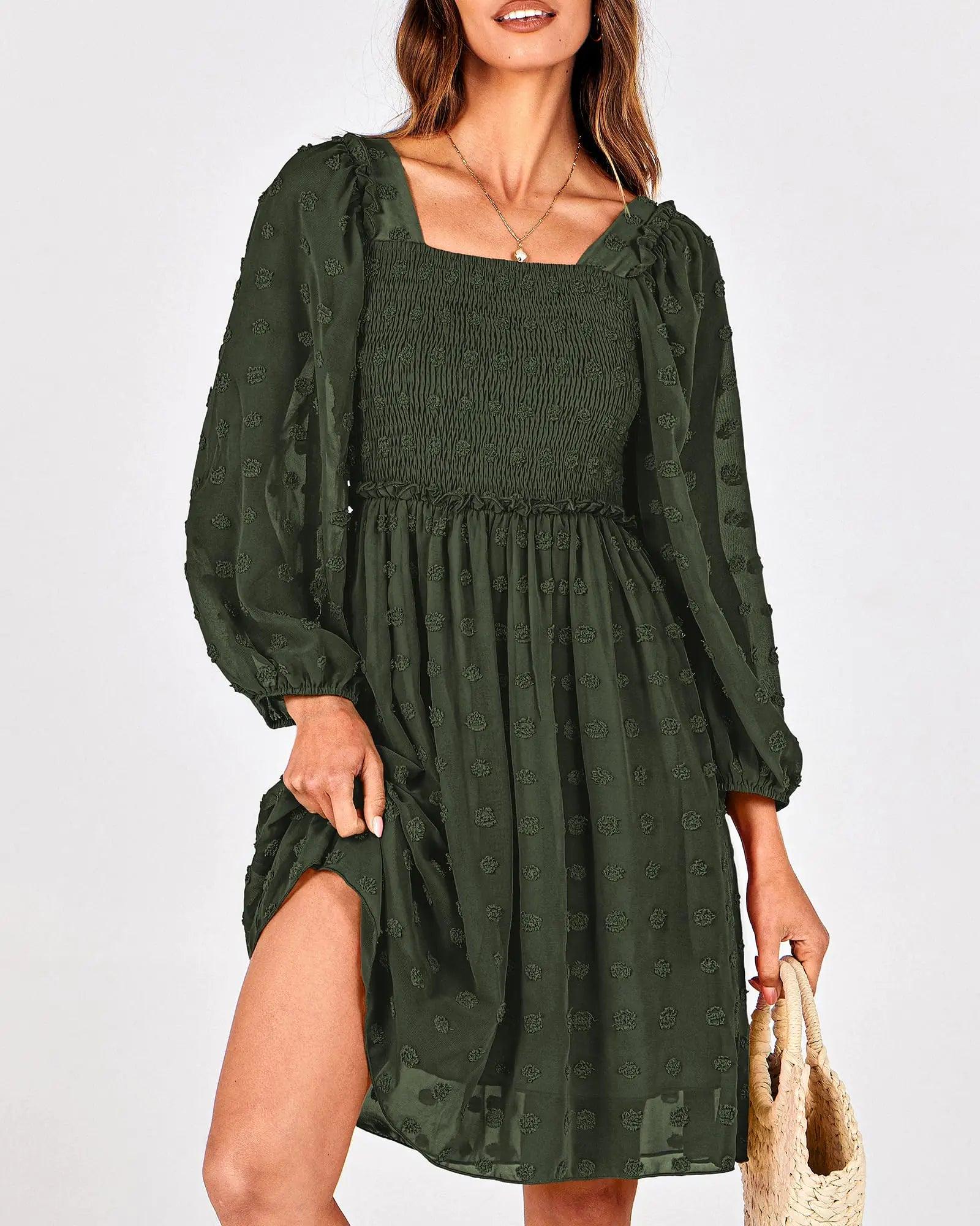 BTFBM Women Square Neck Smocked Dresses 2024 Summer Fall Long Sleeve Floral Swiss Dot Ruffle Party Mini Boho Dress Swiss Dot Army Green Small - Evallys.com # #