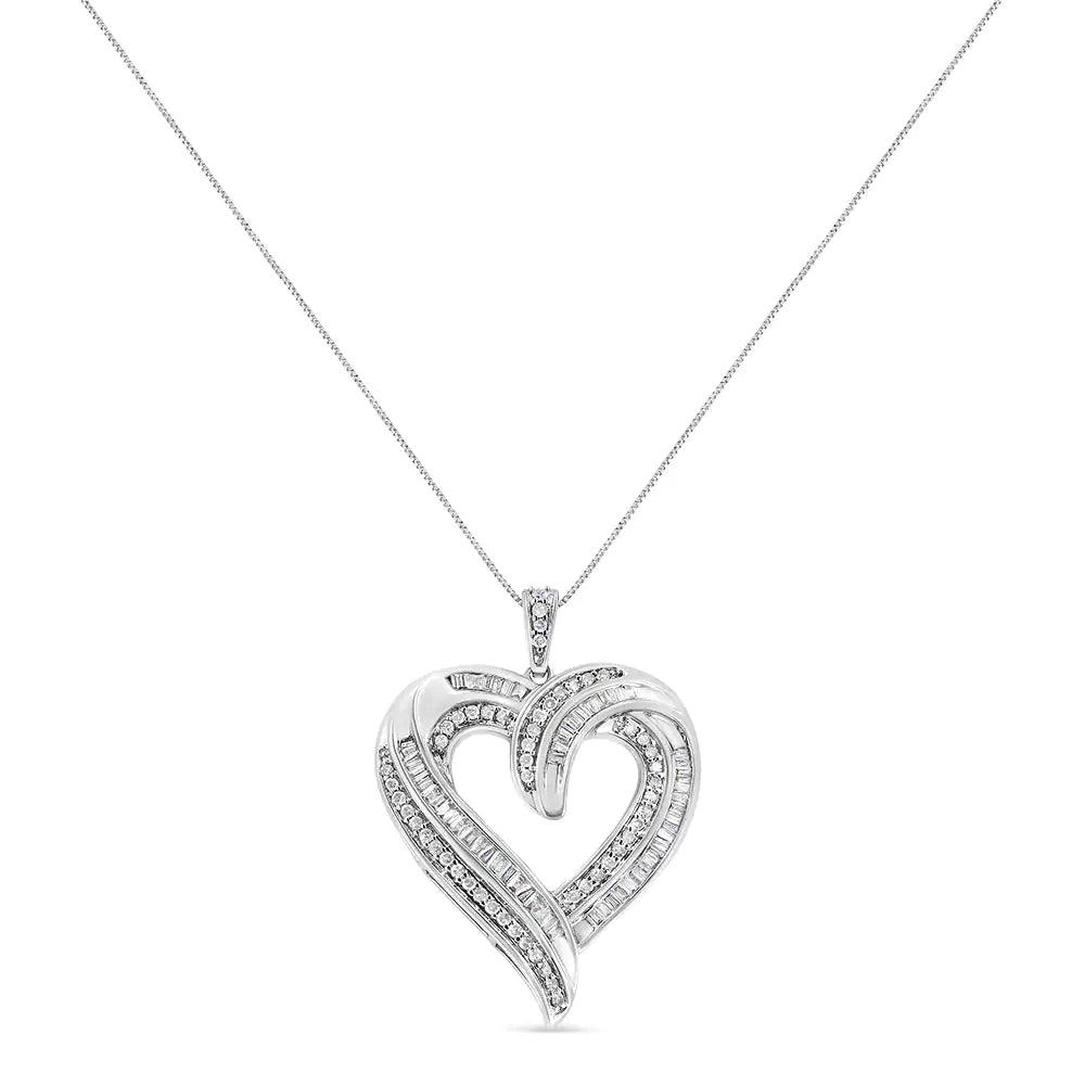 .925 Sterling Silver 3/4 Cttw Round and Baguette-Cut Diamond Open Heart 18" Pendant Necklace (I-J Color, I2-I3 Clarity) - Evallys.com # #