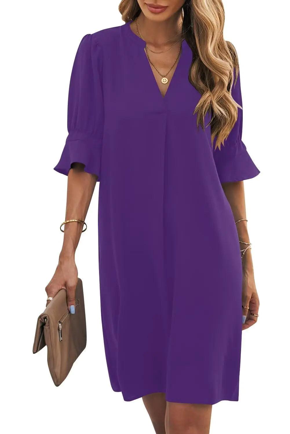 Wkior Shift Dress for Women V Neck Short Sleeves Solid Color Casual Flowy Summer Dresses(S-2XL) Medium B1-purple - Evallys.com # #