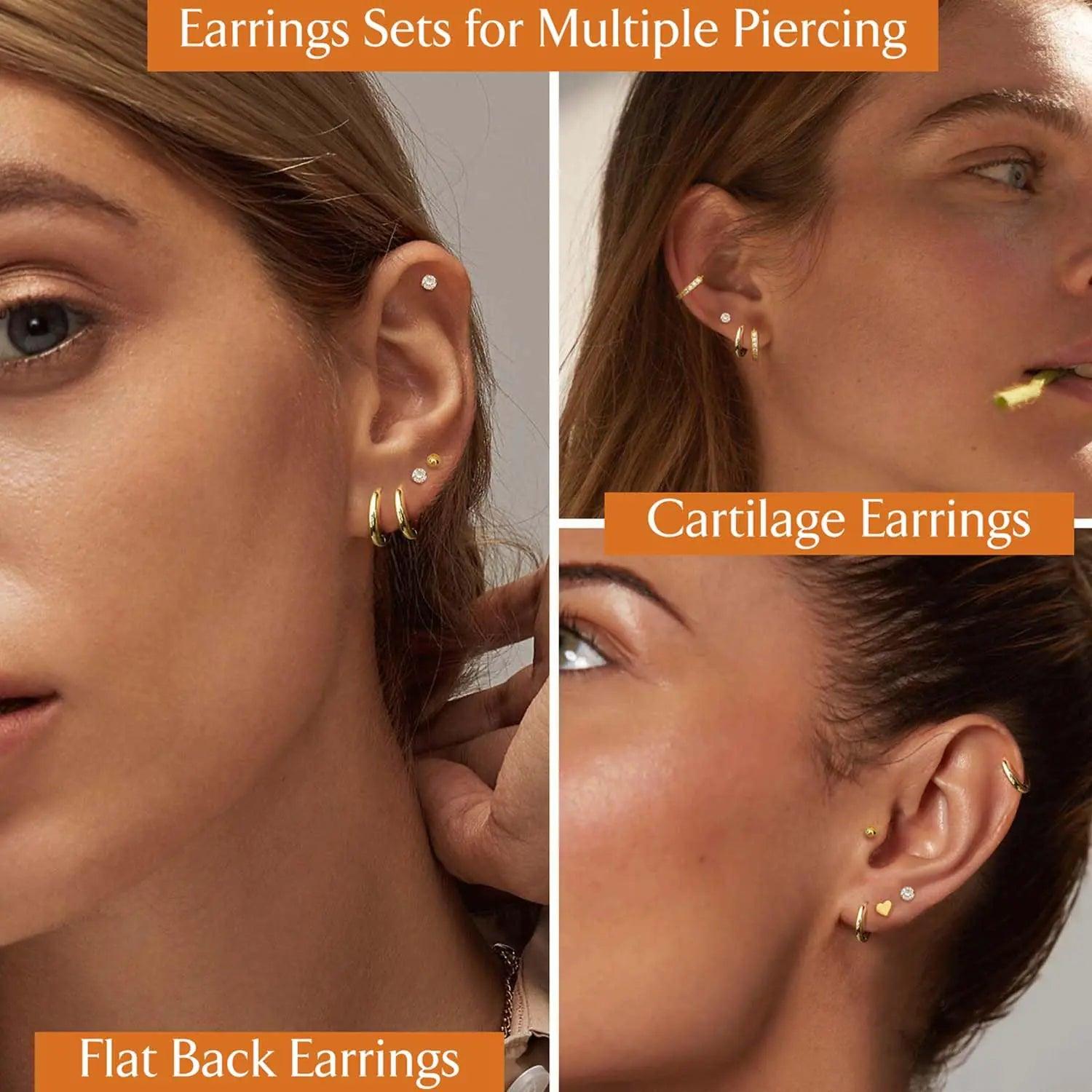 Jstyle Hypoallergenic Surgical Steel Earrings for Sensitive Ears 14K Gold Flat Back Earrings for Women Men Small Stainless Steel Earrings Flatback Stud Hoop Cartilage Earring Set for Multiple Piercing Gold Tone - Evallys.com # #