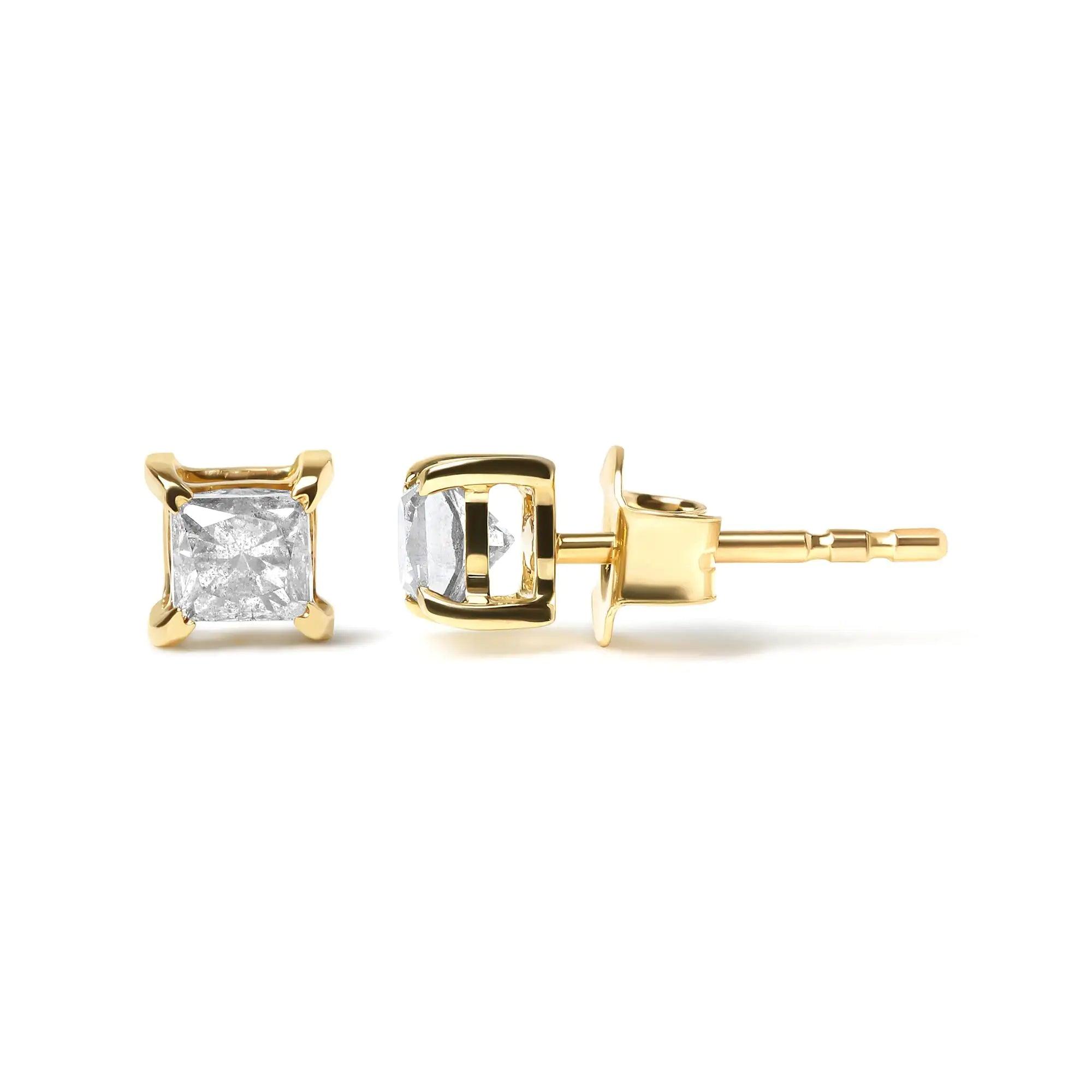 10K Yellow Gold 5/8 Cttw Princess Cut Diamond 4-Prong Solitaire Stud Earrings (J-K Color, I2-I3 Clarity) - Evallys.com # #