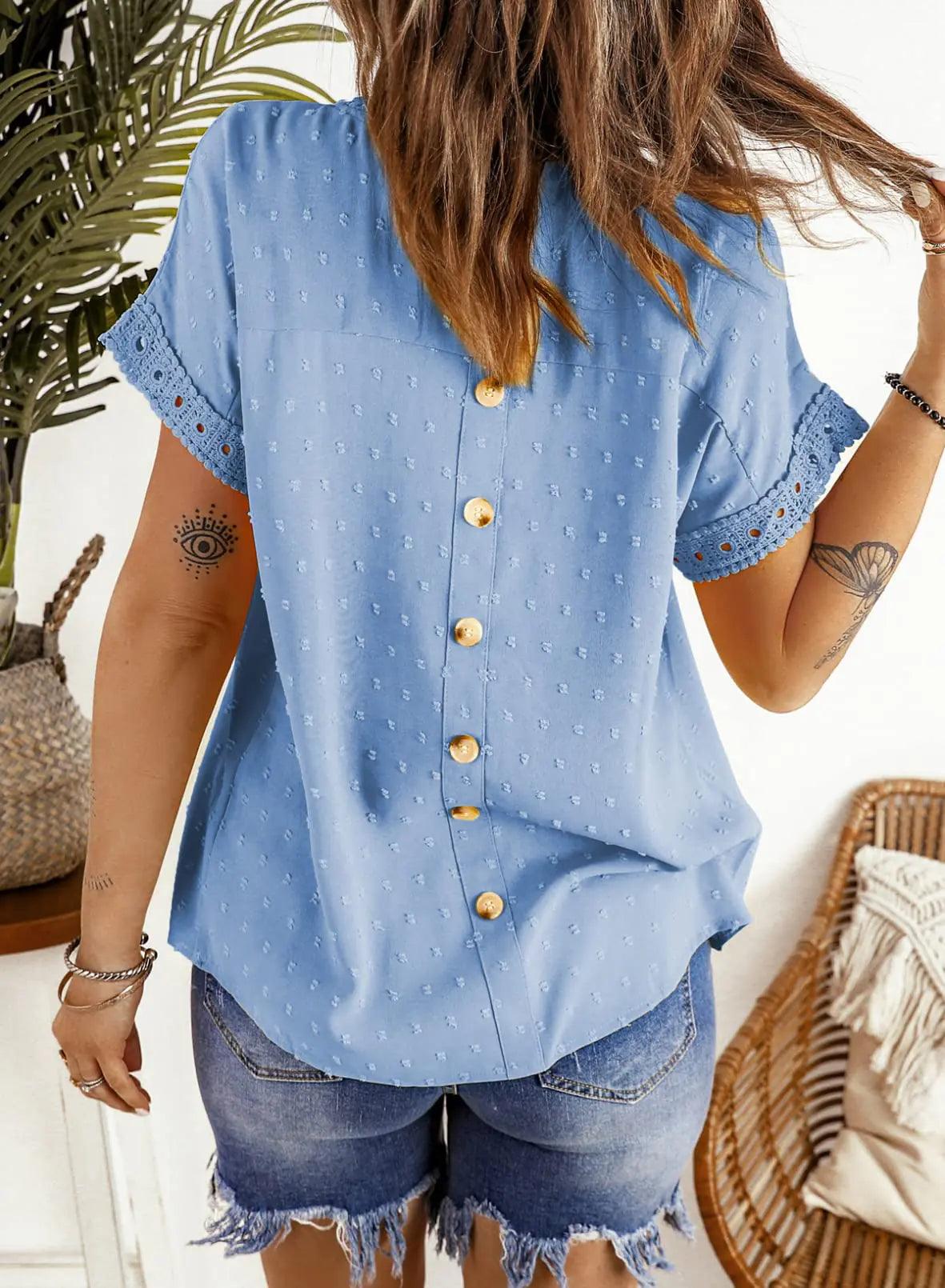 Dokotoo Womens Summer Tops Crewneck Lace Crochet Short Sleeve Shirts Casual Chiffon Blouses Large 1 Sky Blue - Evallys.com # #