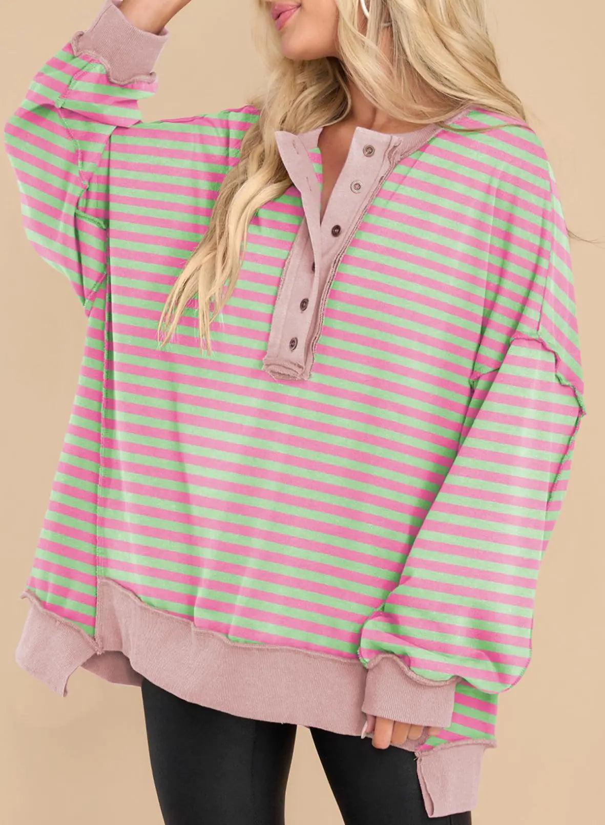 AlvaQ Women's Oversized Sweatshirt Casual Long Sleeve Button Henley Neck Pullover Tunic Tops Outfits Small Striped Pink - Evallys.com # #