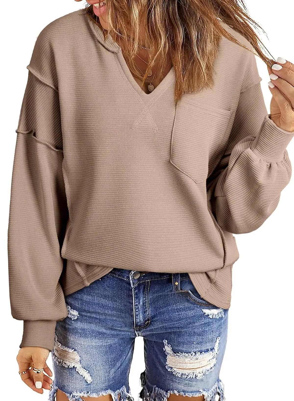 BLENCOT Womens Casual Sweatshirts Crew Neck Long Sleeve 2024 Fashion Waffle Knitted Blouse Pullover Tops with Pocket XX-Large A6016 Kahki - Evallys.com # #