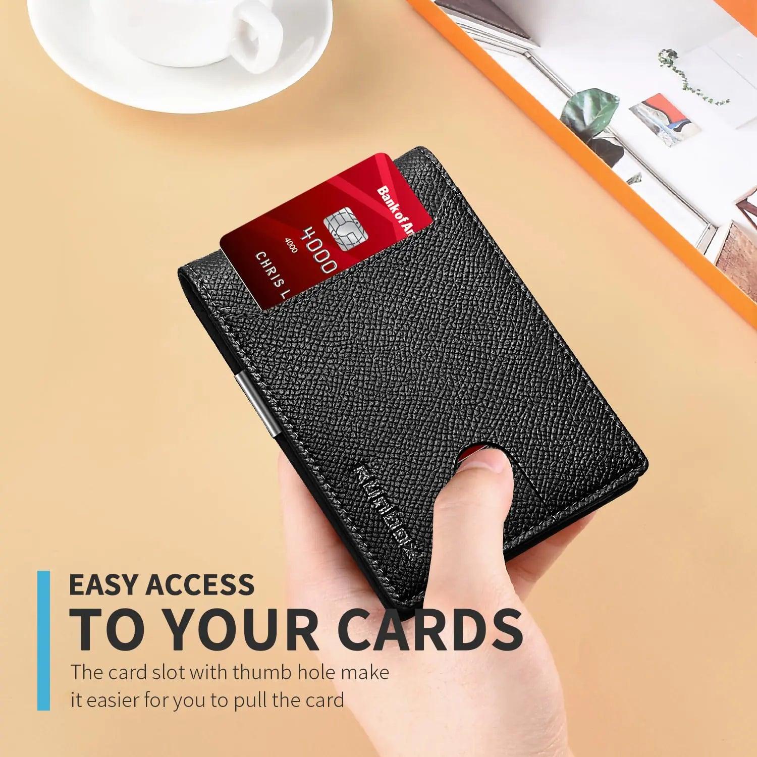 RUNBOX Slim Wallets for Men - Leather Money Clip Mens Wallet - RFID Blocking Front Pocket Bifold Wallet - Thin Credit Card Holder with Gift Box palm grain black - Evallys.com # #