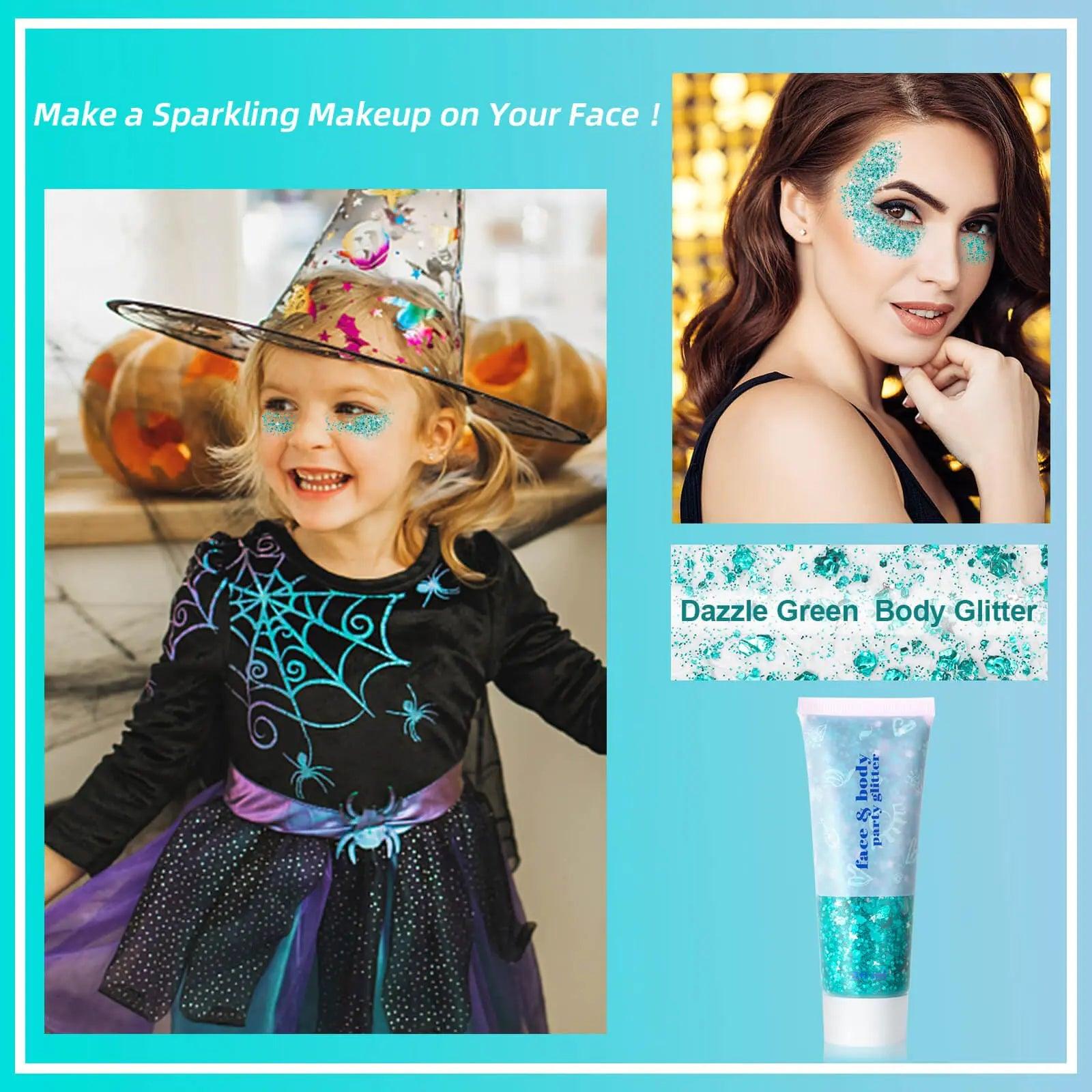 MEICOLY Teal Body Glitter,Mermaid Face Glitter Gel for Halloween,Glitter Face Paint,Dazzle Green Chunky Glitter for Face Body Eye Lip Hair,Sparkling Holographic Gel Glitter Makeup for Women and Kids dazzle green body glitter - Evallys.com # #