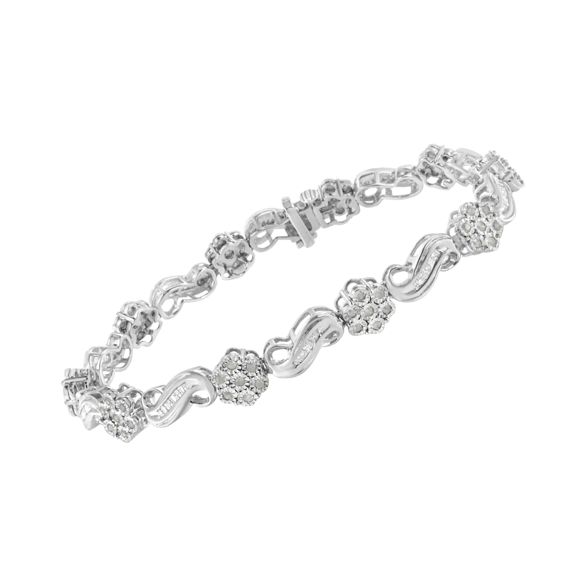 .925 Sterling Silver 1.0 Cttw Miracle and Channel Set Diamond Floral Cluster and Link Bracelet (I-J Color, I3 Clarity) - 7.25" - Evallys.com # #