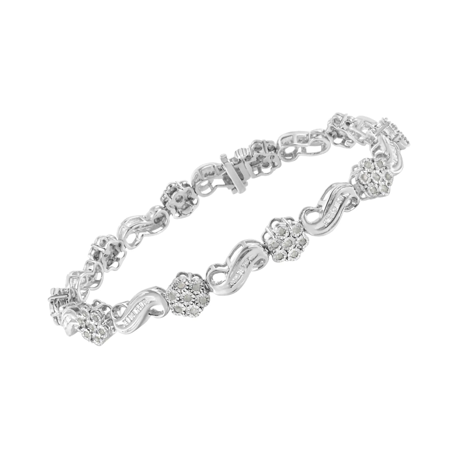 .925 Sterling Silver 1.0 Cttw Miracle and Channel Set Diamond Floral Cluster and Link Bracelet (I-J Color, I3 Clarity) - 7.25