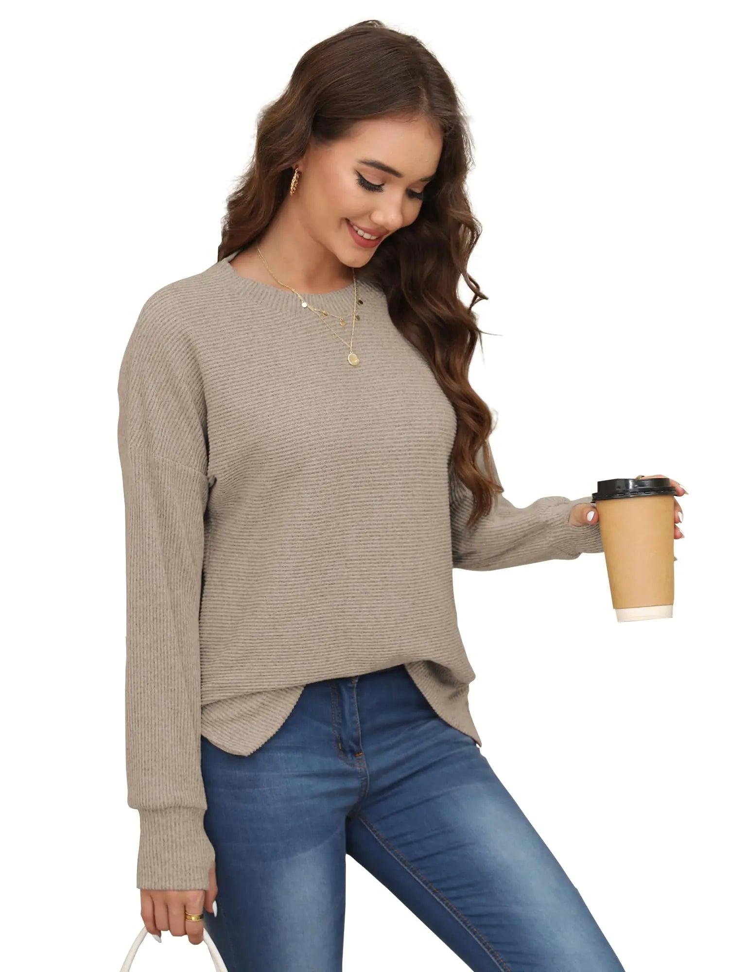 Womens Sweaters Casual Pullover Sweatshirt Side Fork Thumb Hole Fall Long Sleeve Striped Shirts Tops Apricot XX-Large - Evallys.com # #