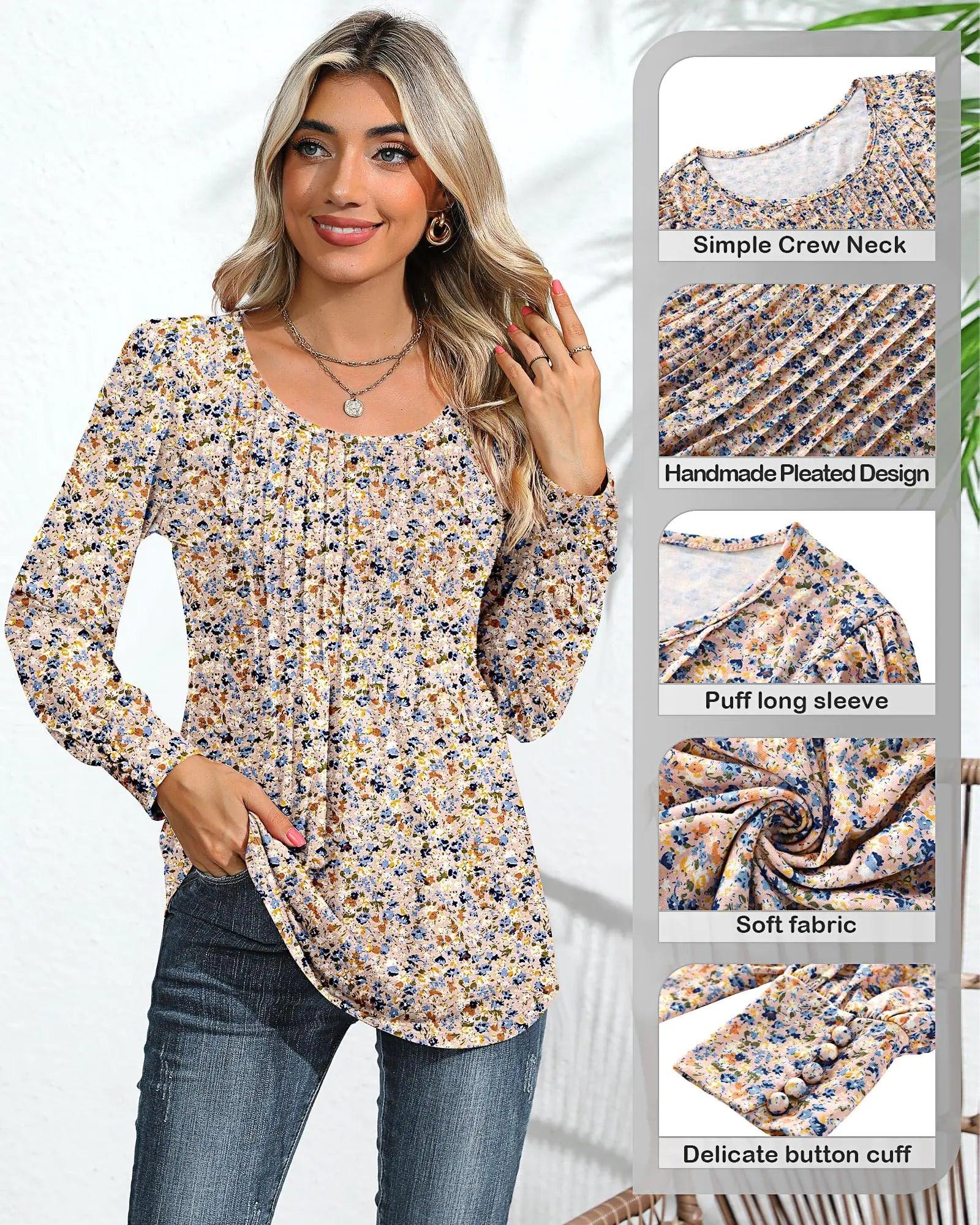 Ficerd Women's Puff Long Sleeve Tunic Tops Pleated Crew Neck Blouses Dressy Casual Loose Fit Fall and Winter Shirts Pink Floral Large - Evallys.com
