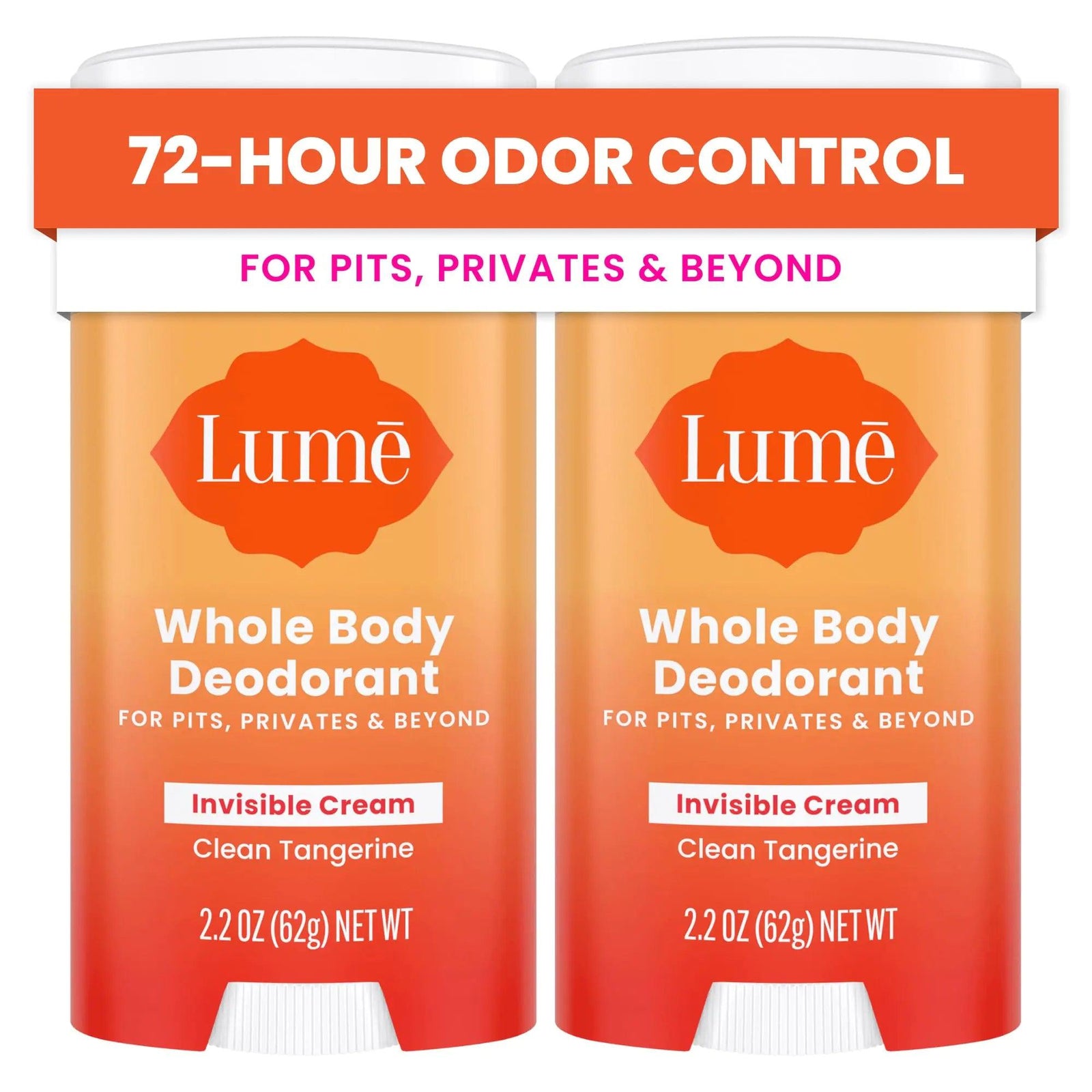 Lume Whole Body Deodorant - Invisible Cream Stick - 72 Hour Odor Control - Aluminum Free, Baking Soda Free, Skin Safe - 2.2 Ounce (Pack of 2) (Clean Tangerine) - Evallys.com # #