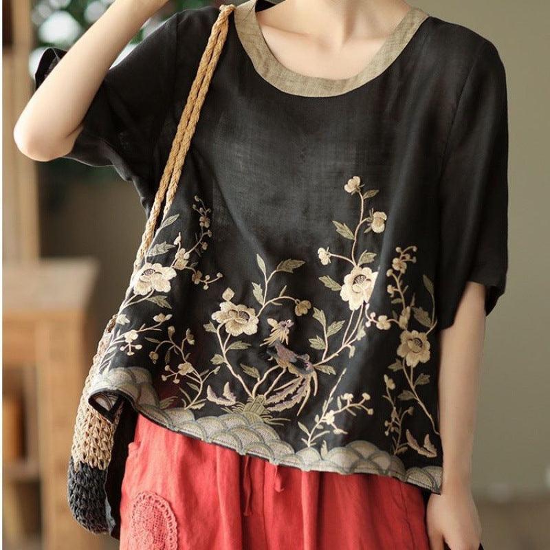 Art Retro Embroidery Top Colored Round Neck Pullover - Evallys.com # #