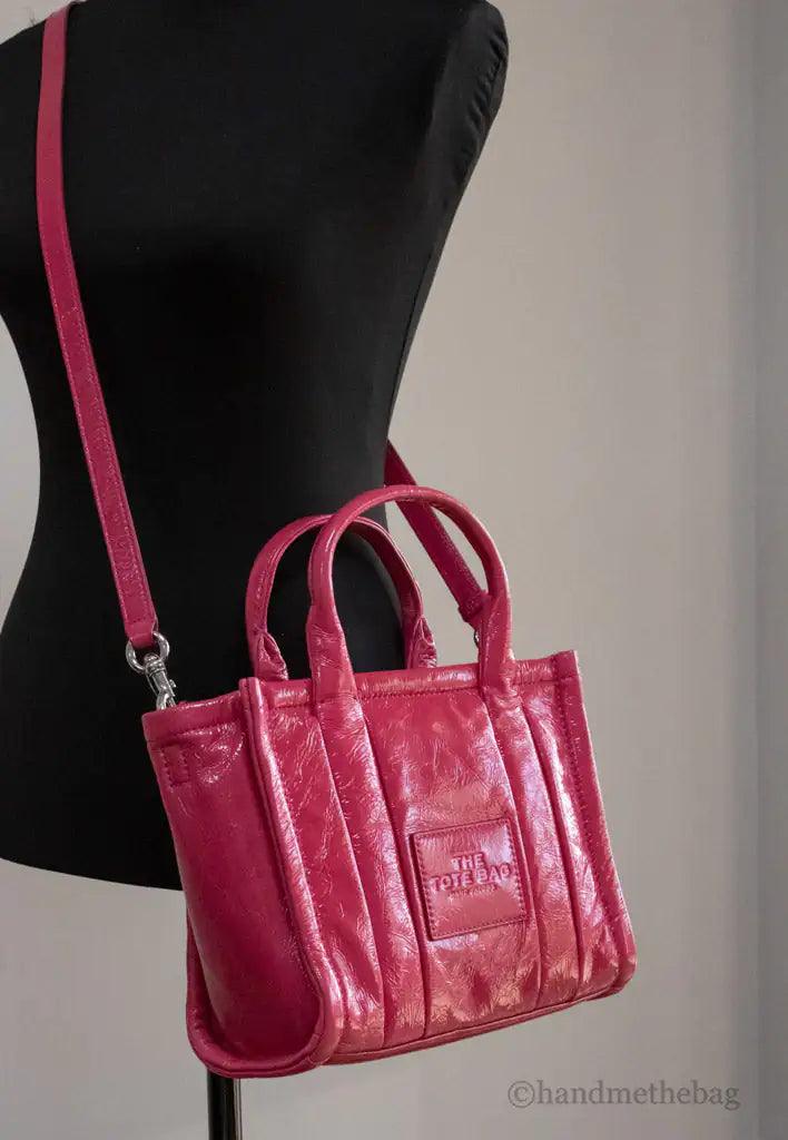 Marc Jacobs The Shiny Crinkle Mini Magenta Leather Tote - Evallys.com # #