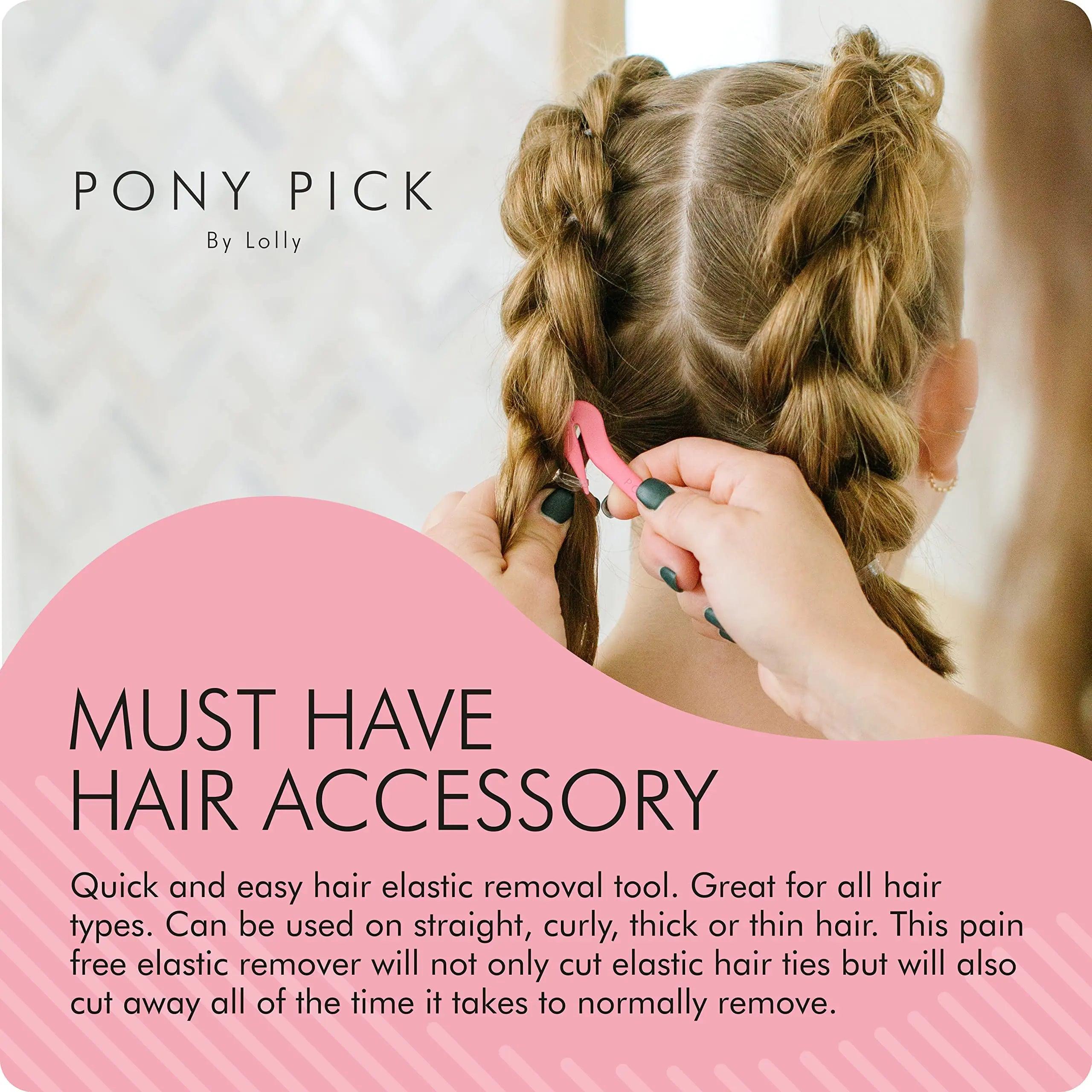 THE PONY PICK Hair Elastic Rubber Bands Cutter - Easy To Use, Pain-Free, No Hair Damage - Ponytail Tool for Kids & Toddlers (3 Packs & 50 Brown Elastics) - Evallys.com # #