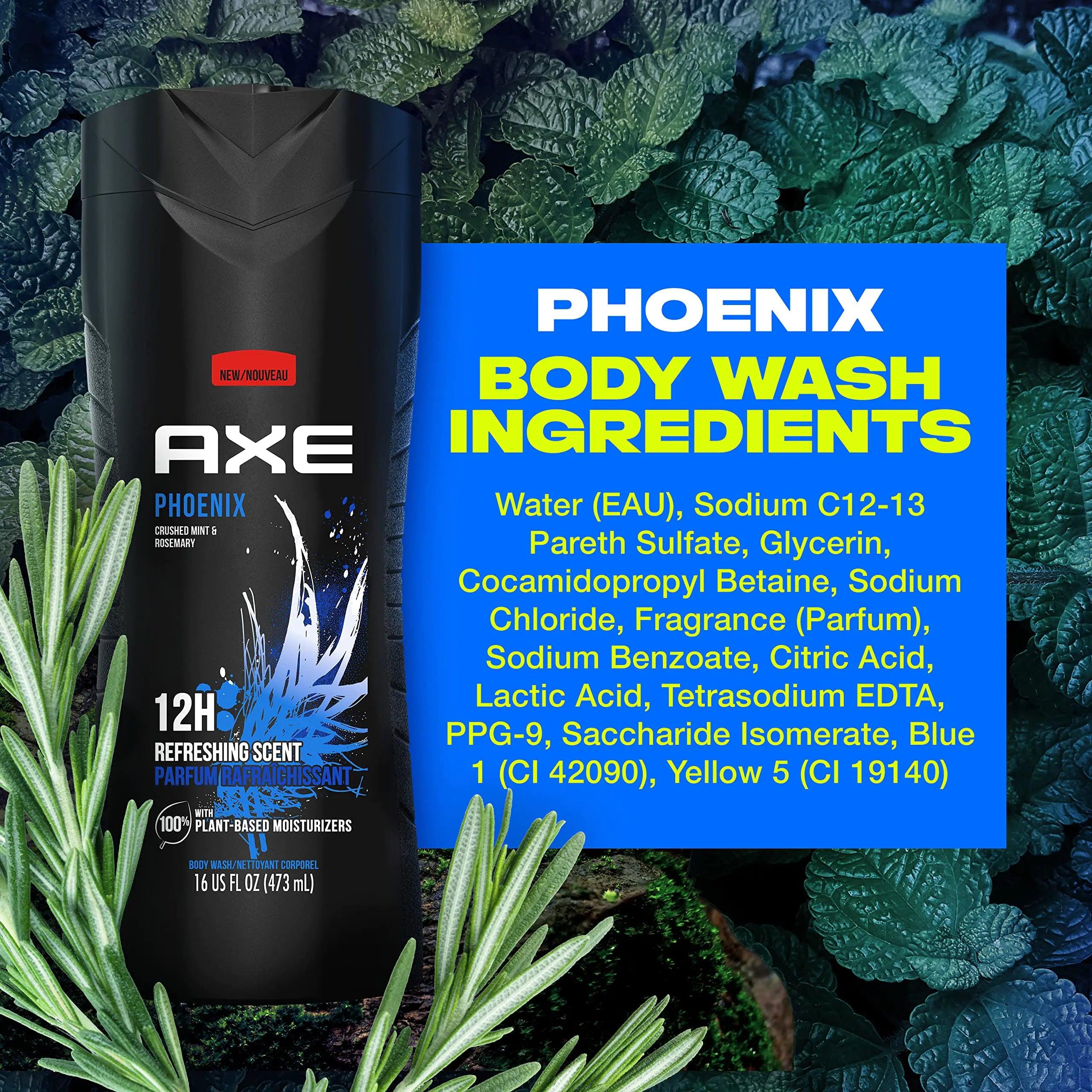 AXE Body Wash Phoenix 12h Refreshing Scent Crushed Mint & Rosemary 4 count Men's Body Wash with 100% Plant-Based Moisturizers 16 oz ocean sport 16 Fl Oz (Pack of 4) - Evallys.com # #