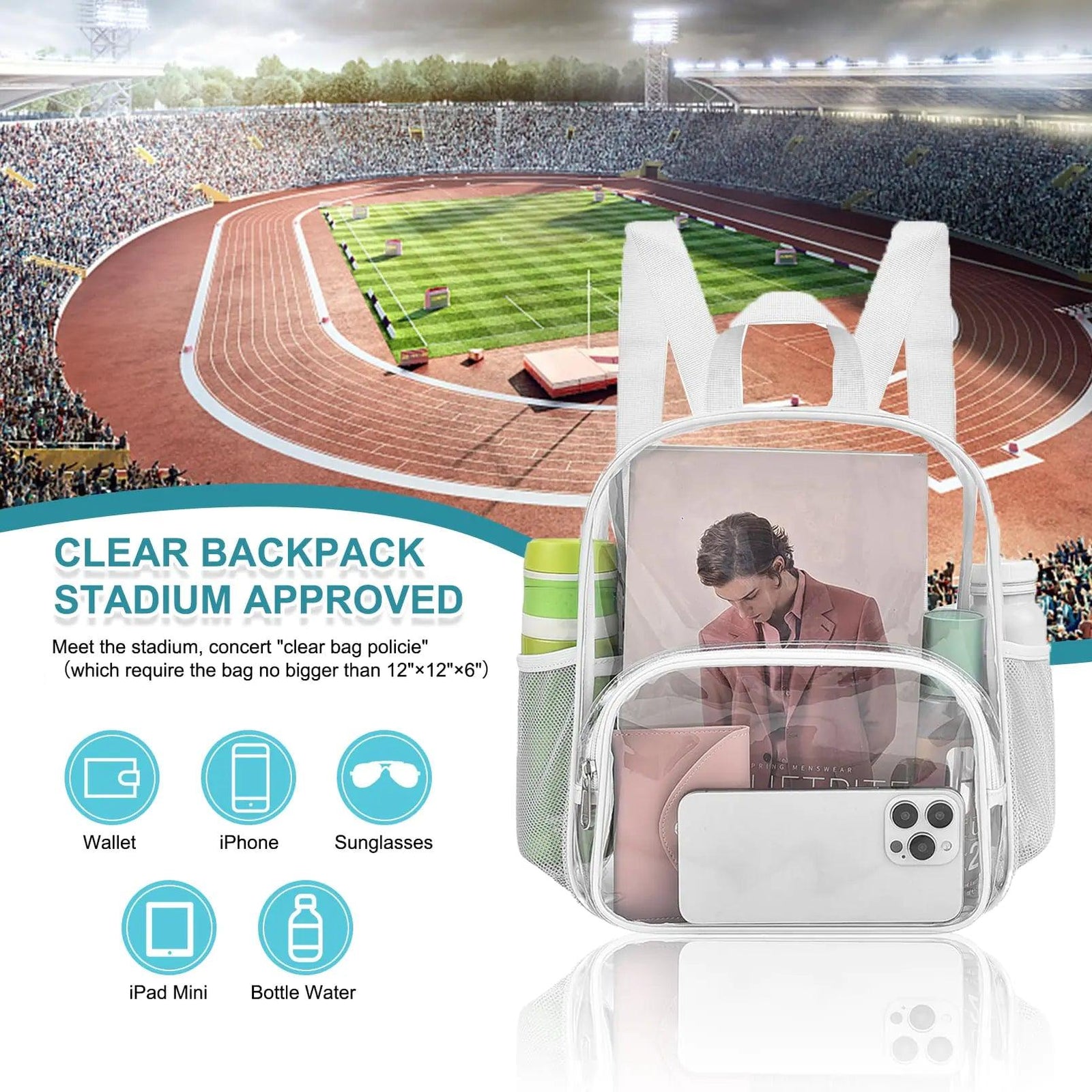 Clear Backpack for Stadium Events Clear Backpack 12x12x6 with Front Pocket for Concert Sport Events Work Travel (White) White One Pocket - Evallys.com # #