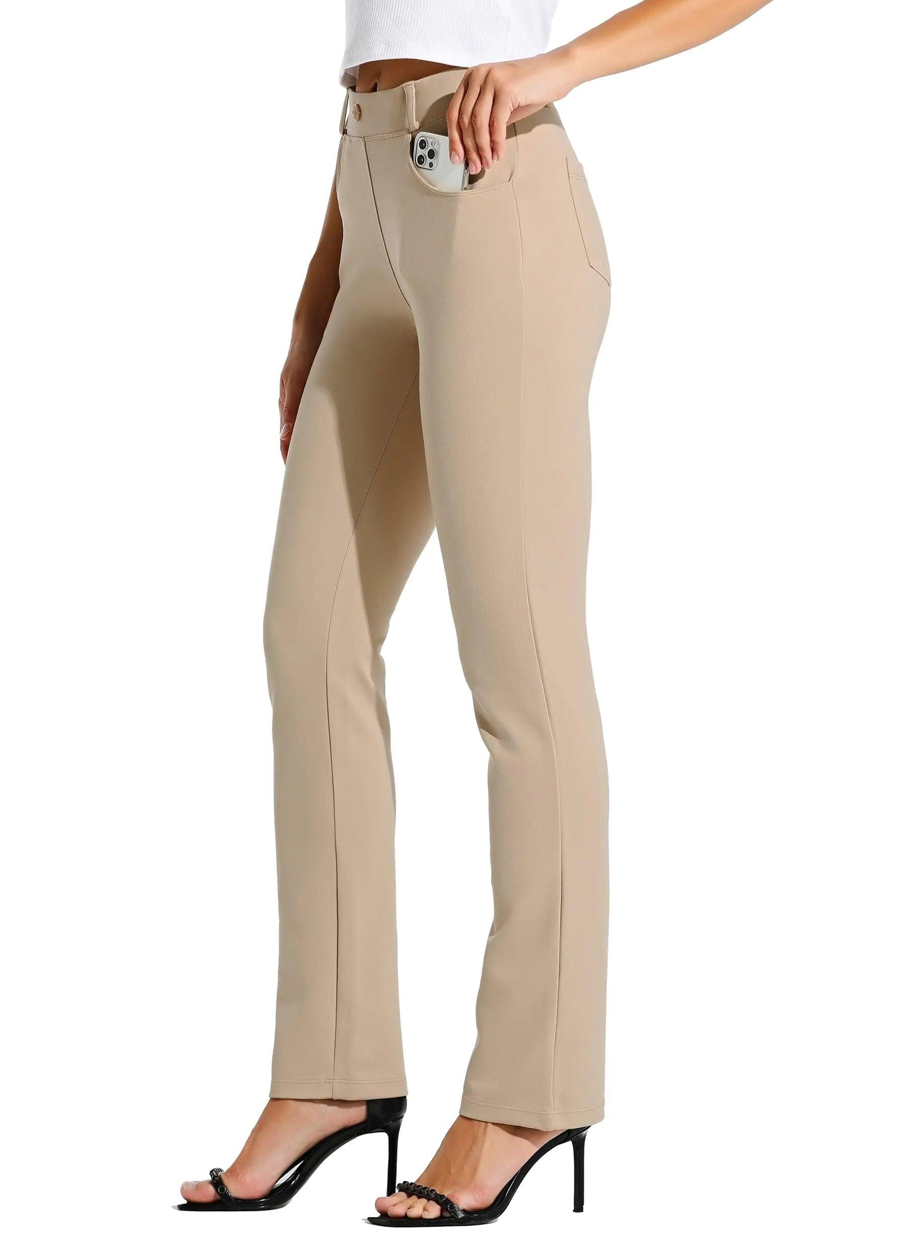 Willit Women's Yoga Dress Pants Straight Leg Work Slacks Stretchy Office Casual Pants 4 Pockets Belt Loops 29''/31''/33'' X-Small Long 33 Inches Khaki - Evallys.com # #