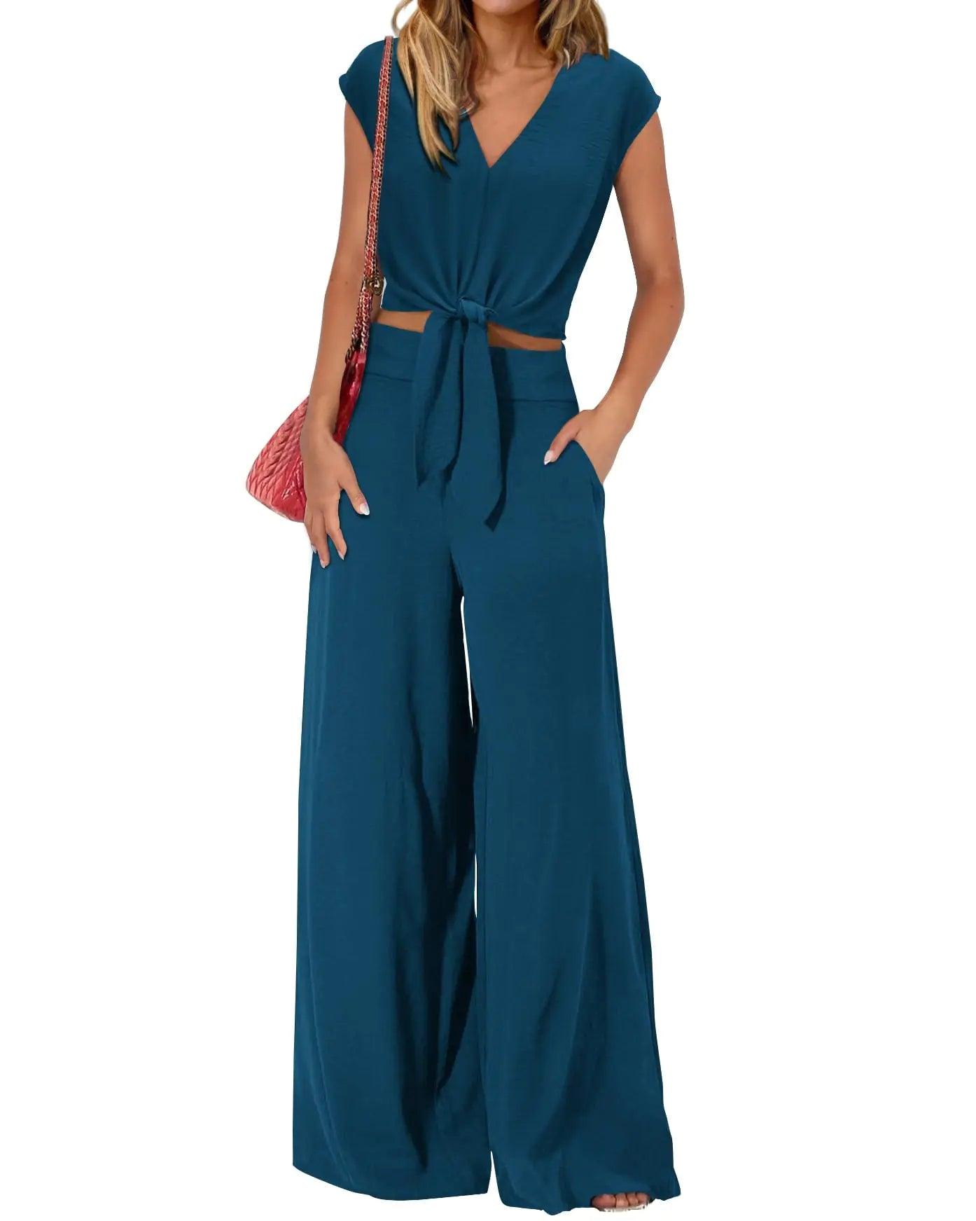 PRETTYGARDEN Women's Summer 2 Piece Outfits 2024 Cap Sleeve V Neck Belted Crop Tops Wide Leg Pant Sets Casual Tracksuit Small Solid Blue Green - Evallys.com