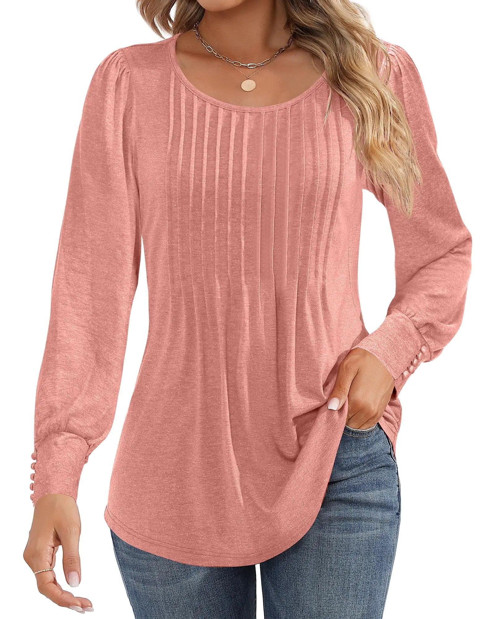 Ficerd Women's Puff Long Sleeve Tunic Tops Pleated Crew Neck Blouses Dressy Casual Loose Fit Fall and Winter Shirts Pink Floral Large - Evallys.com