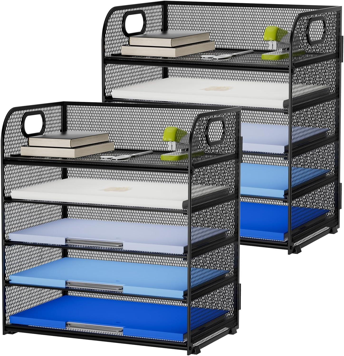 Marbrasse 2 Pack Desk Organizer with Handle, 5 Tier Paper Organizer Letter Tray Organizer, Mesh Desk File Organizer for Office, School and Home - Evallys.com # #