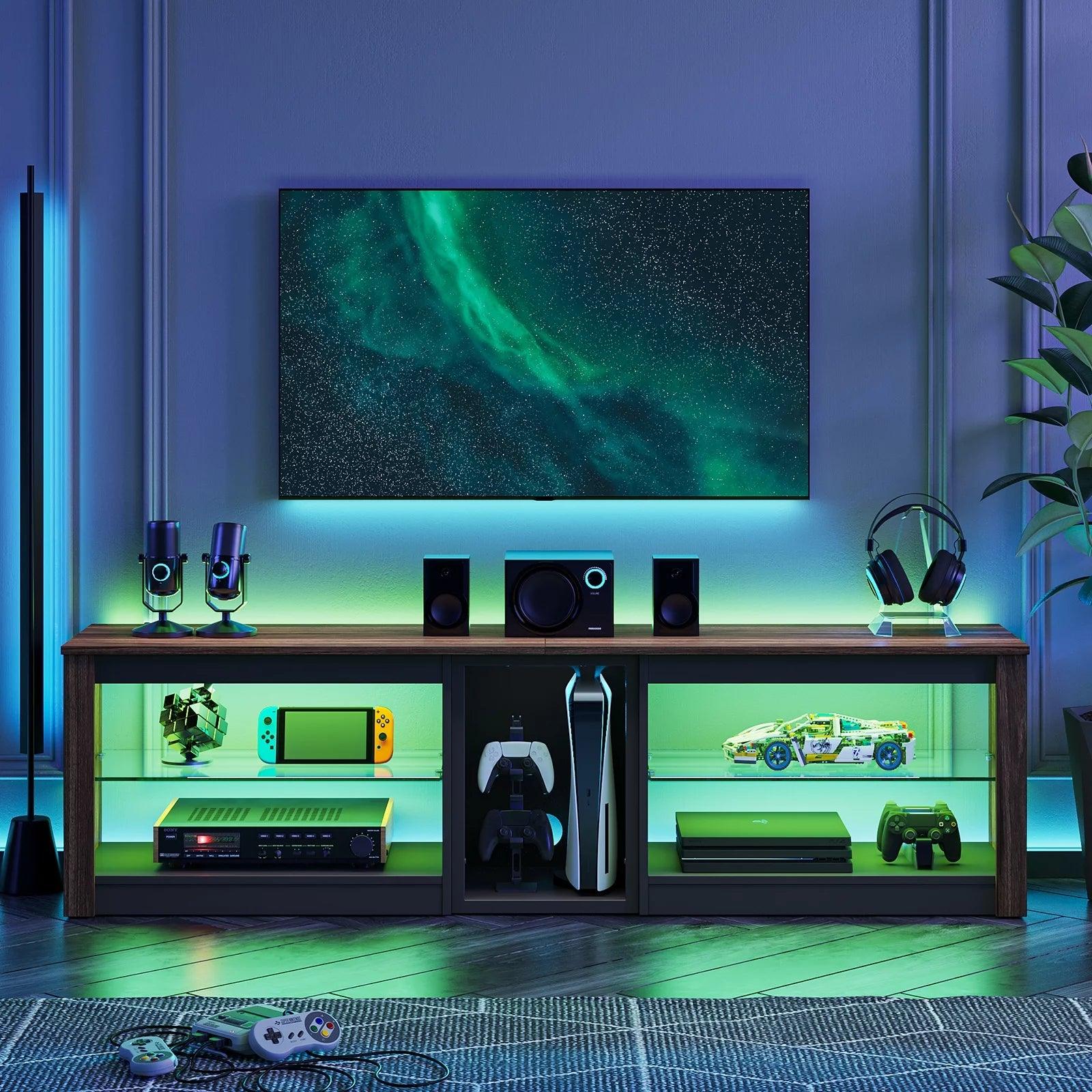 Bestier TV Stand for Tvs up to 70", Console Table with RGB LED Lights and Storage Cabinet, Pinewood - Evallys.com # #