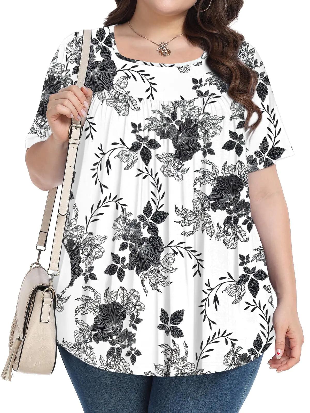 Womens Plus Size Tops Summer Blouses Tunic Short Sleeve Dressy Casual Loose Shirts 1X-5X White Ink Flower X-Large - Evallys.com # #