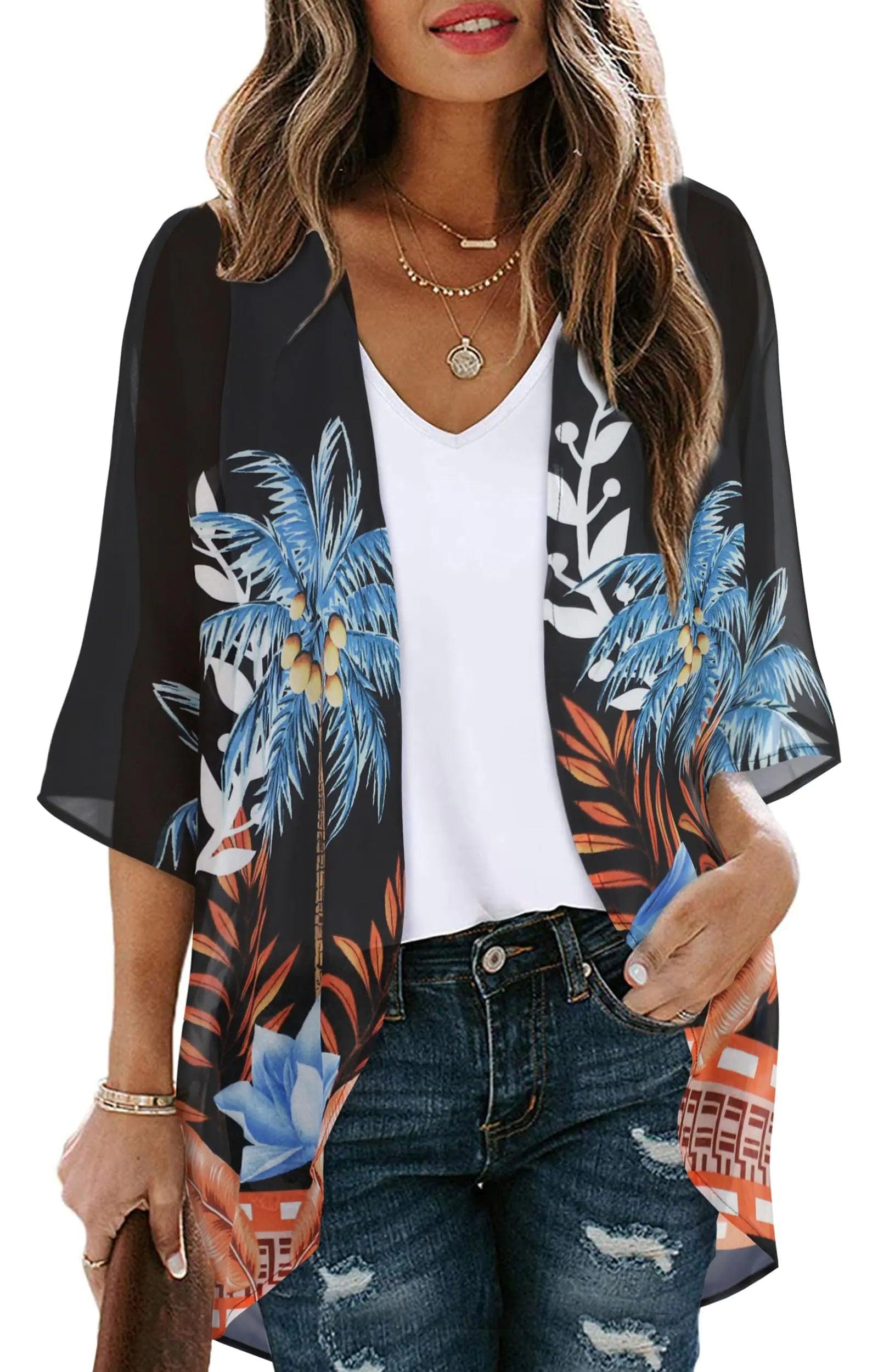 Women's Floral Print Puff Sleeve Kimono Cardigan Loose Cover Up Casual Blouse Tops Small Orange Black - Evallys.com