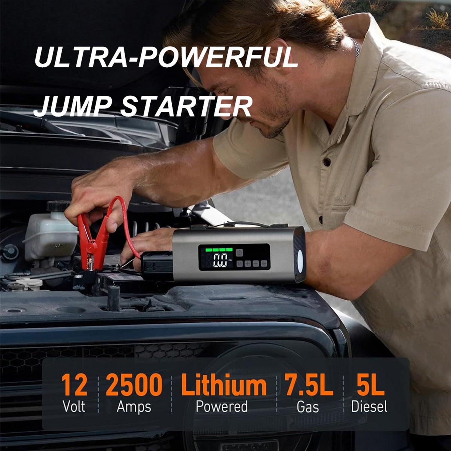 Jump Starter With Air Compressor And Air Pump, 2500A Battery Jump Starter With 150PSI Tire Inflator, Up To 7.5L Gas   5.0L Diesel Engine, 2 LED Screen For Car Tires, Air Mattress, Inflatables - Evallys.com # #