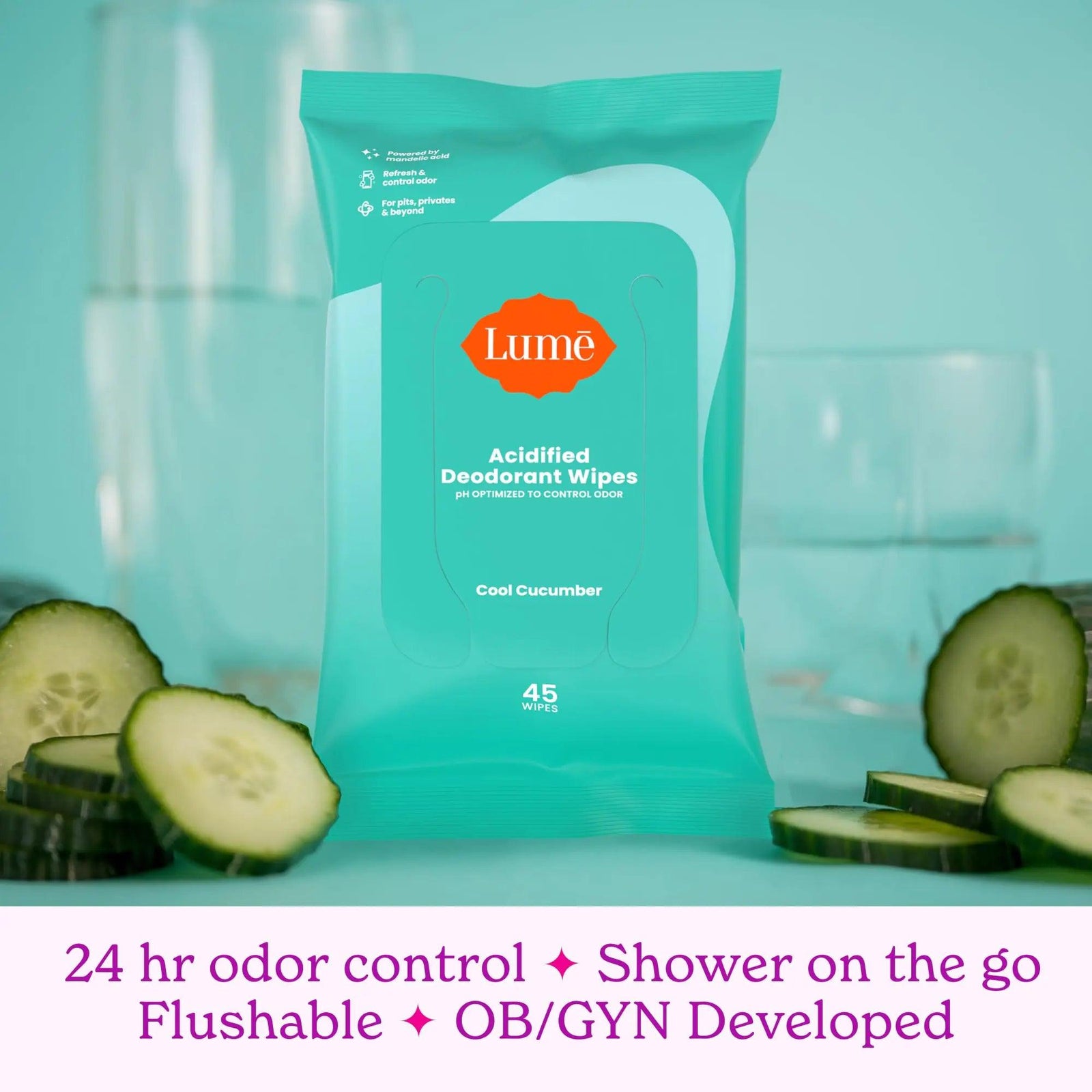 Lume Acidified Deodorant Wipes - 24 Hour Odor Control - Aluminum Free, Baking Soda Free, Skin Loving - 45 Count (Pack of 3) (Cool Cucumber) 45 Count (Pack of 3) - Evallys.com # #