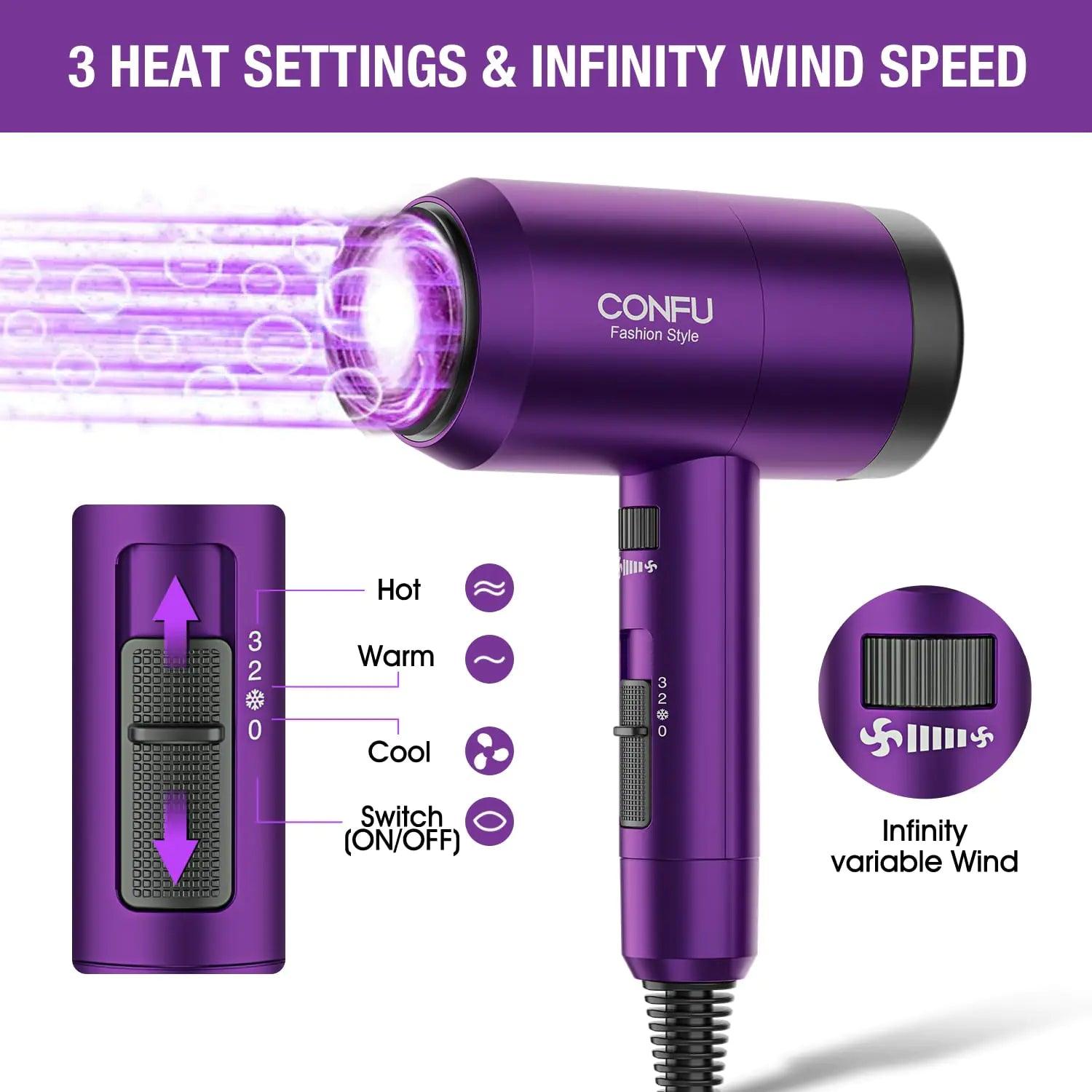 Hair Dryer with Diffuser,CONFU Ionic Blow Dryer 1600W,Portable Lightweight Fast Drying Negative Ion Hairdryer,3 Heat Settings with Diffuser and Concentrator Nozzle for Home & Travel Purple - Evallys.com # #