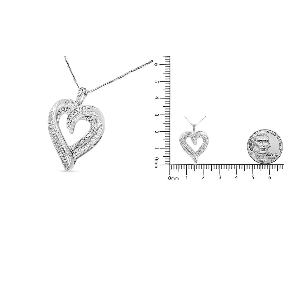 .925 Sterling Silver 3/4 Cttw Round and Baguette-Cut Diamond Open Heart 18" Pendant Necklace (I-J Color, I2-I3 Clarity) - Evallys.com # #