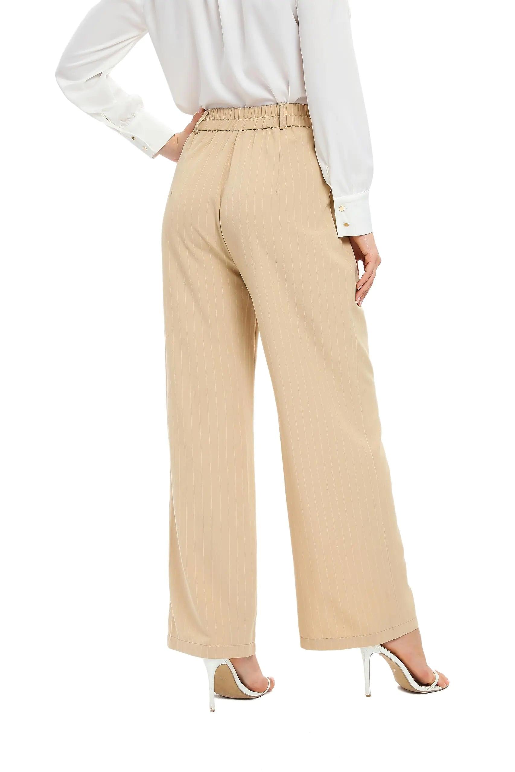 Women Office Wide High Waist Pants Loose Fit Elastic Waist Pleated Front Trousers for Work Casual Small Apricot (Stripe) - Evallys.com # #