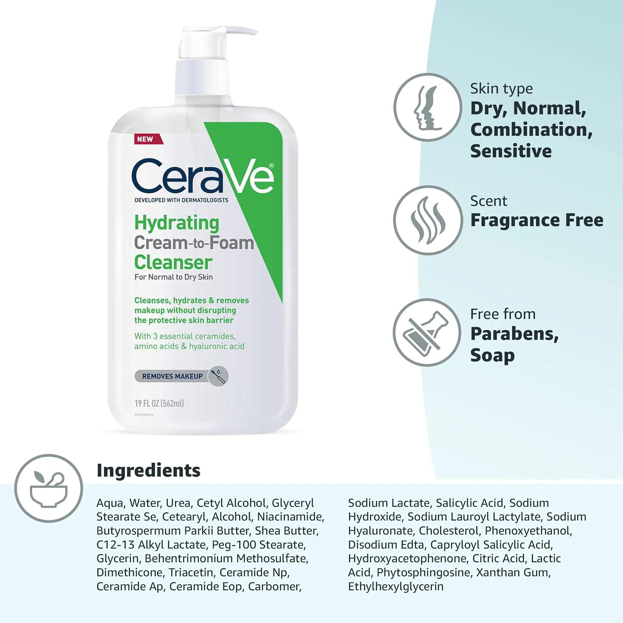 CeraVe Hydrating Cream To Foam Cleanser | Makeup Remover Face Wash For Dry Skin | Foaming Facial Cleanser With Hyaluronic Acid | Normal To Dry Skin | Fragrance Free & Non Comedogenic | 19 Fluid Ounce 19 Fl Oz (Pack of 1) - Evallys.com # #