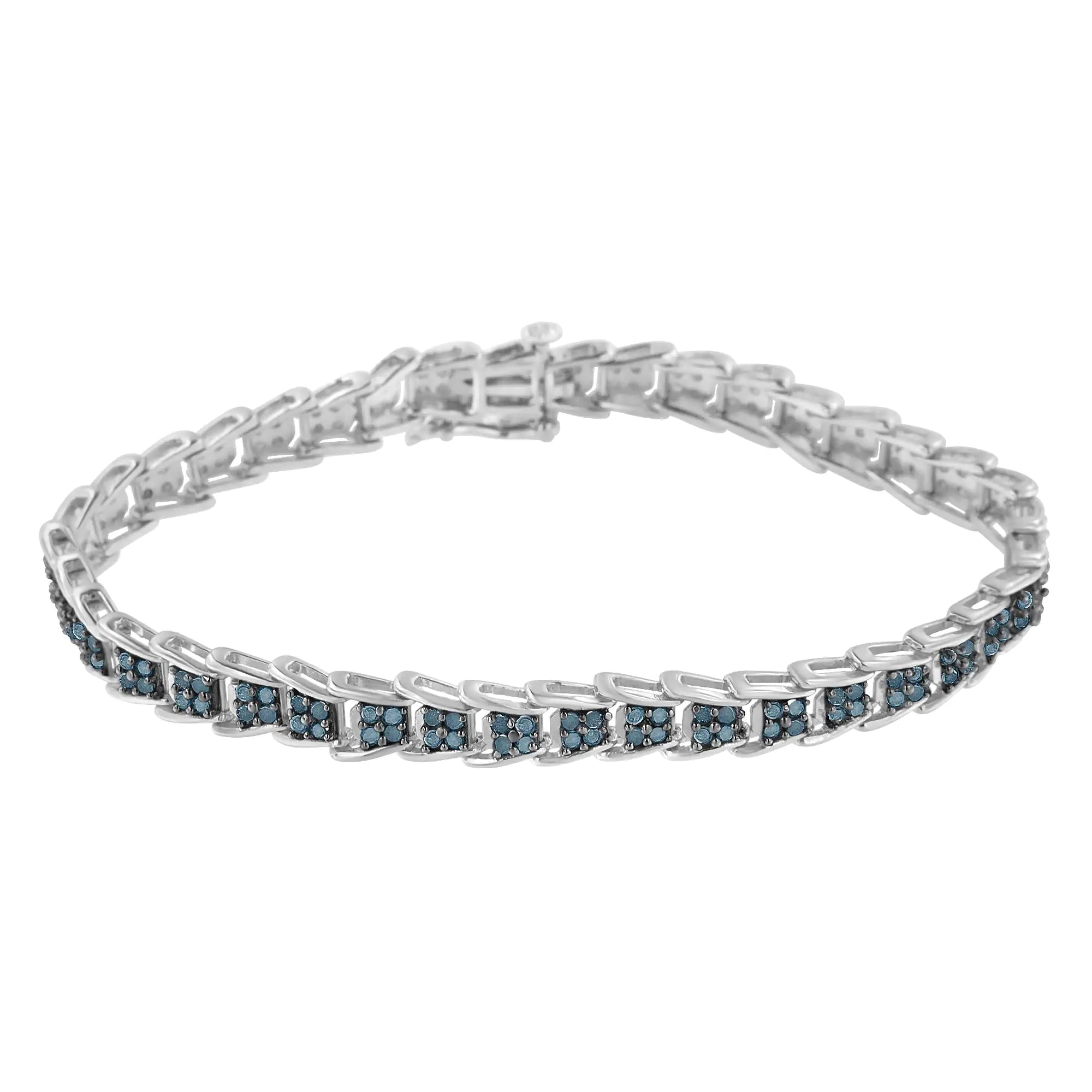 .925 Sterling Silver 2 cttw Treated Blue Diamond Fan-Shaped Nested Link 7" Tennis Bracelet (Blue Color, I3 Clarity) - Size 7" - Evallys.com # #