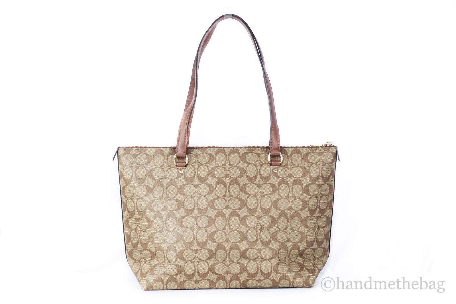 Coach Signature Coated Canvas Leather Khaki Saddle Gallery Tote - Evallys.com # #