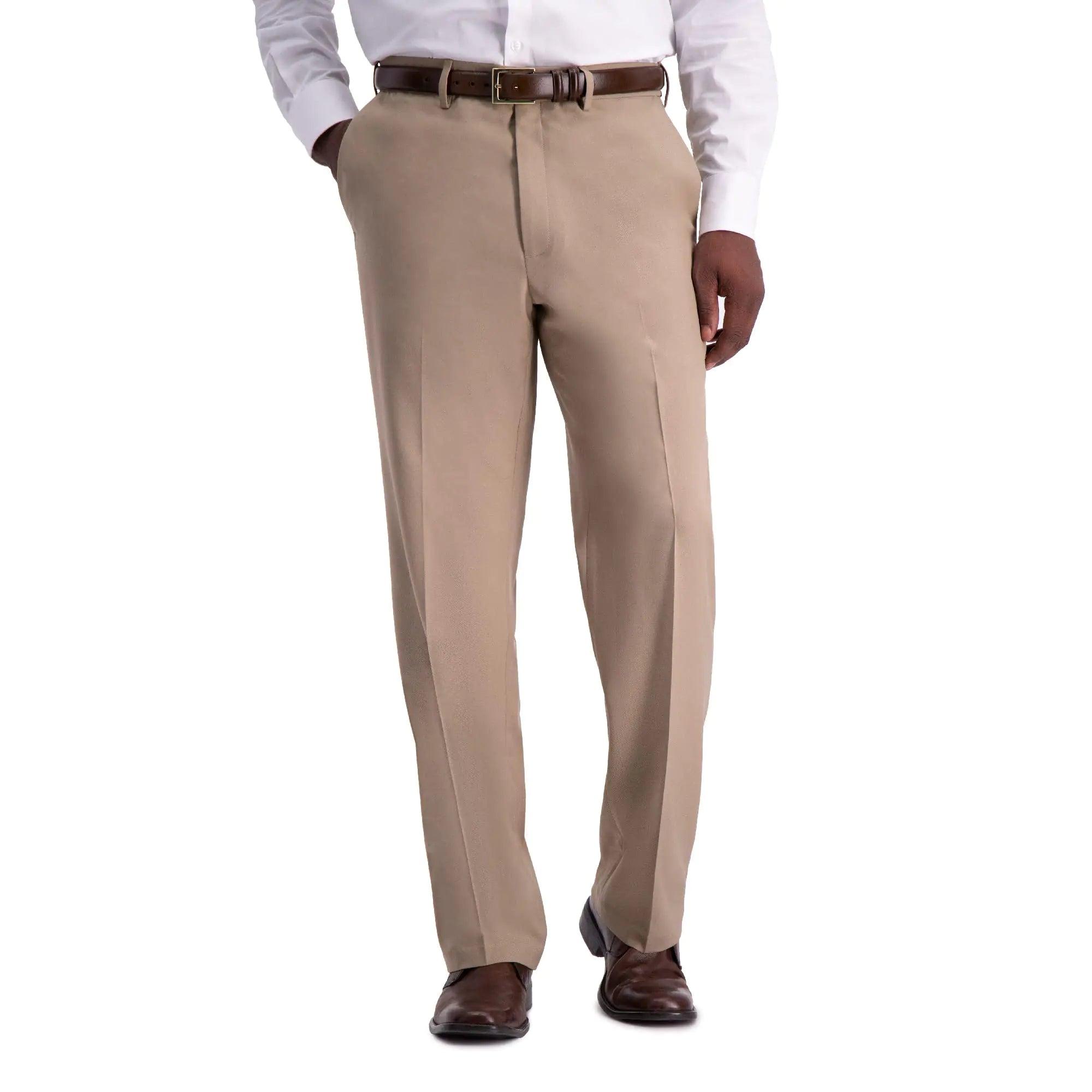 Haggar Men's Premium Comfort Classic Fit Flat Front Hidden Comfort Waistband Pant (Regular and Big & Tall Sizes) 44W x 29L Medium Khaki - Evallys.com # #