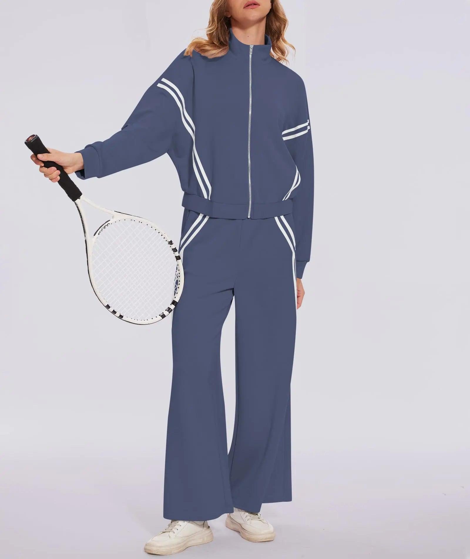 Women's 2 Piece Outfits Zip Up Sweatshirt Contrast Striped Wide Leg Sweatpants Suits Jogger Travel Matching Set Grey Blue X-Small - Evallys.com # #